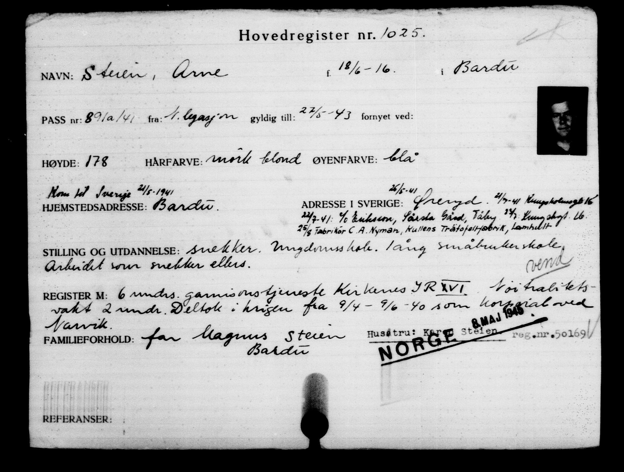 Utenriksstasjonene, Legasjonen i Stockholm, Flyktningkontoret, AV/RA-S-6753/V/Va/L0002: Kjesäterkartoteket, flyktninger med registreringsnr. 1001-2000, 1940-1945, s. 41