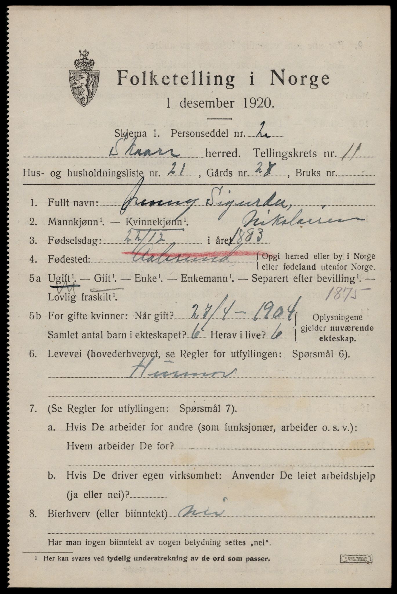 SAST, Folketelling 1920 for 1153 Skåre herred, 1920, s. 8466