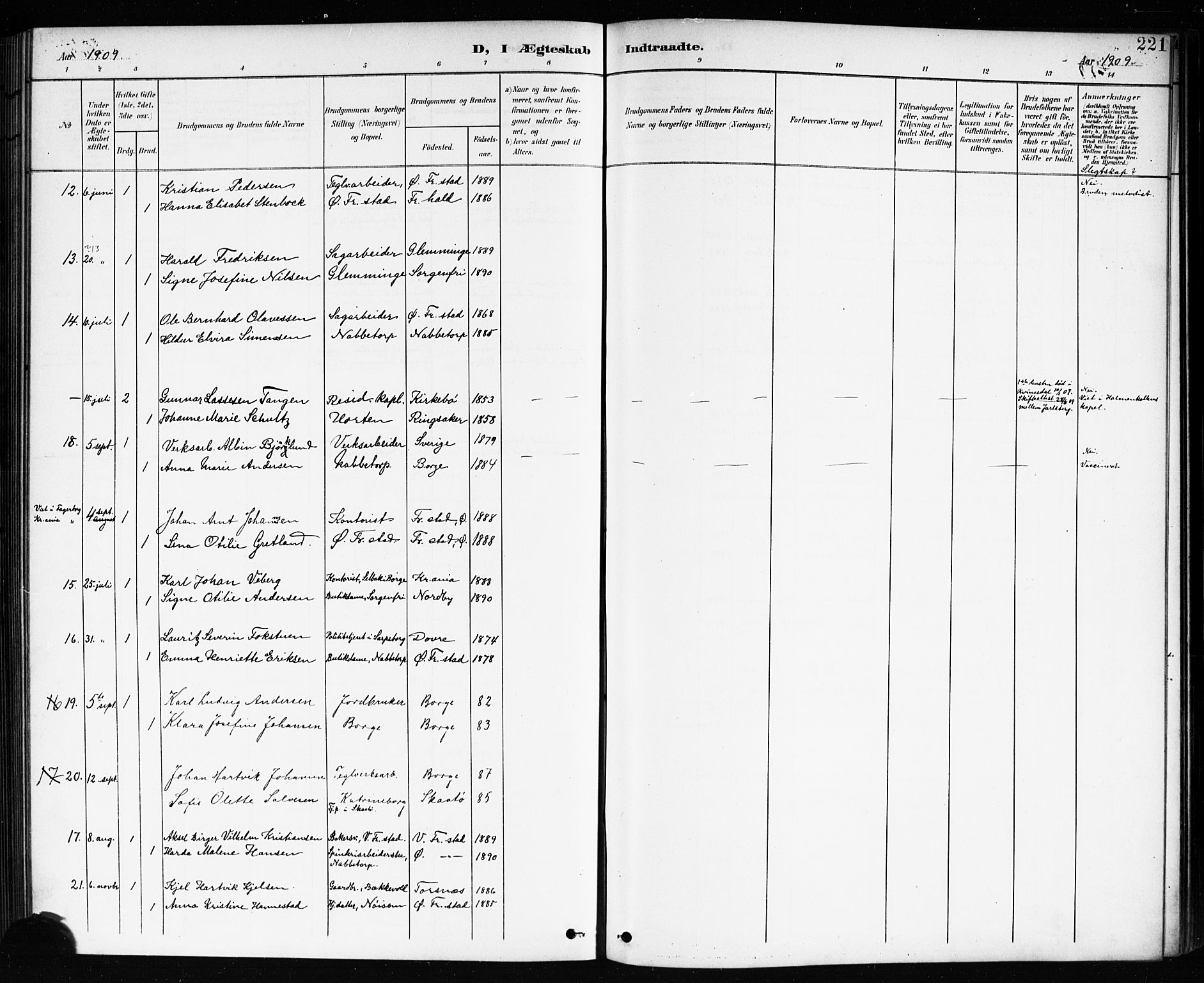 Østre Fredrikstad prestekontor Kirkebøker, SAO/A-10907/G/Ga/L0002: Klokkerbok nr. 2, 1900-1919, s. 221