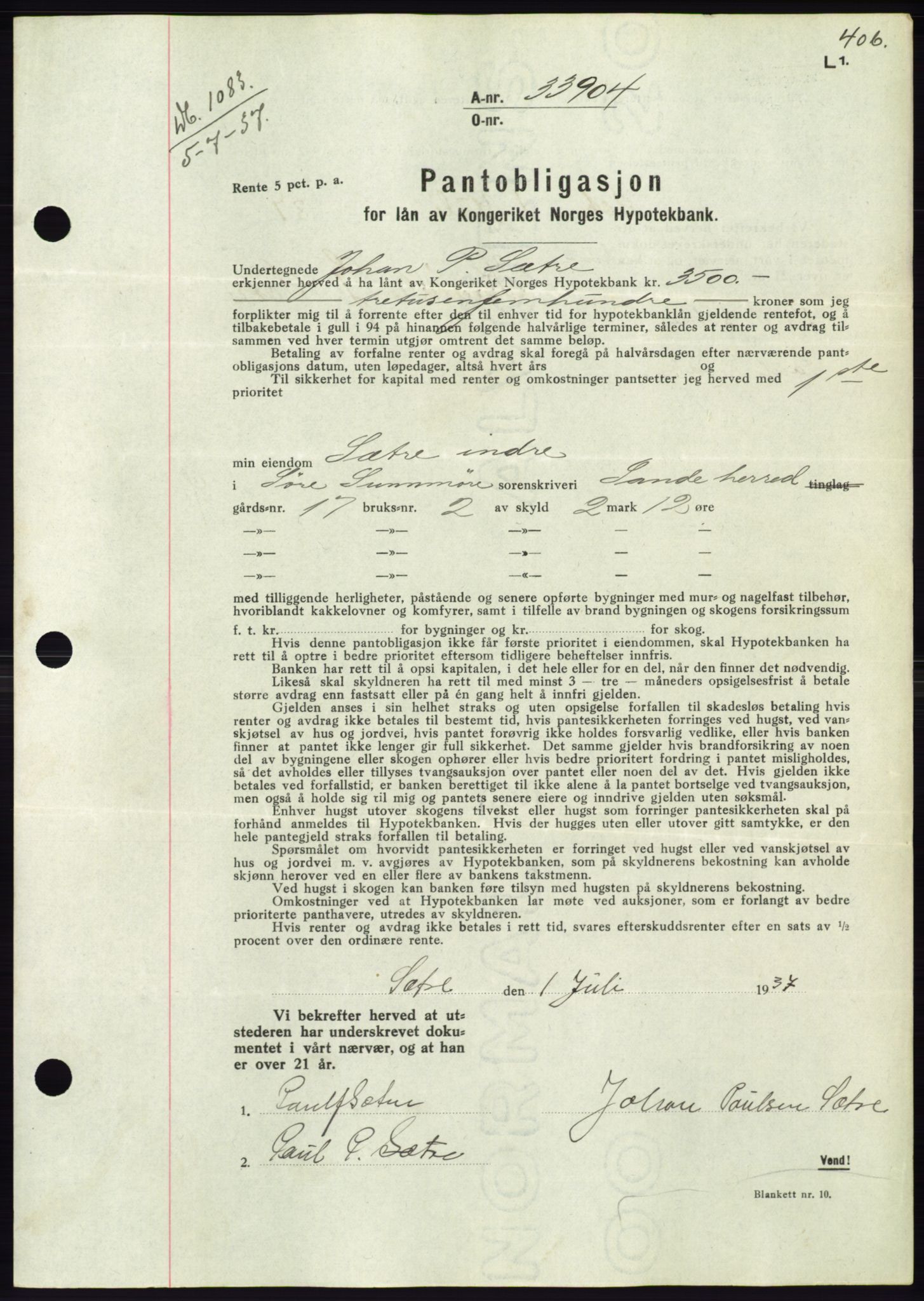 Søre Sunnmøre sorenskriveri, AV/SAT-A-4122/1/2/2C/L0063: Pantebok nr. 57, 1937-1937, Dagboknr: 1083/1937