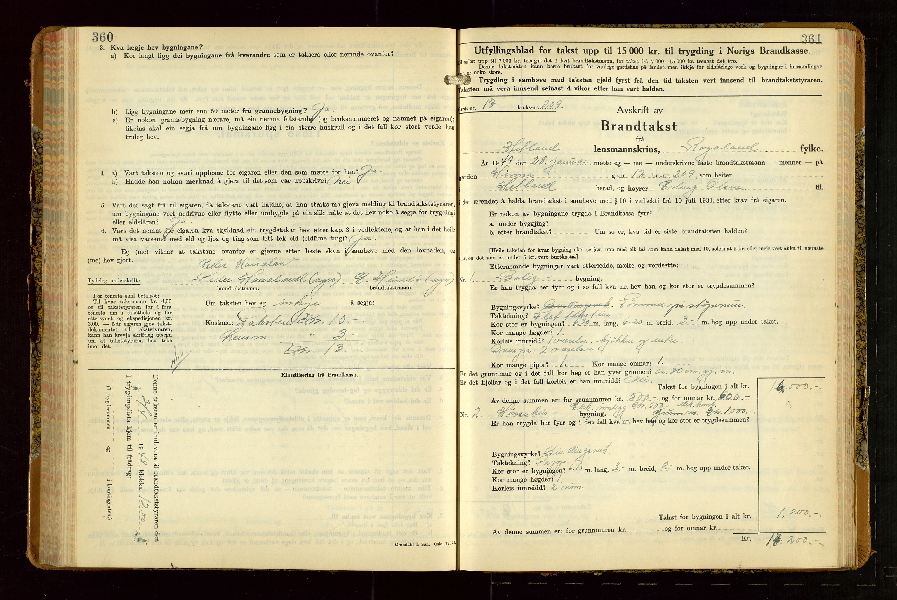 Hetland lensmannskontor, AV/SAST-A-100101/Gob/L0007: "Brandtakstbok", 1939-1949, s. 360-361