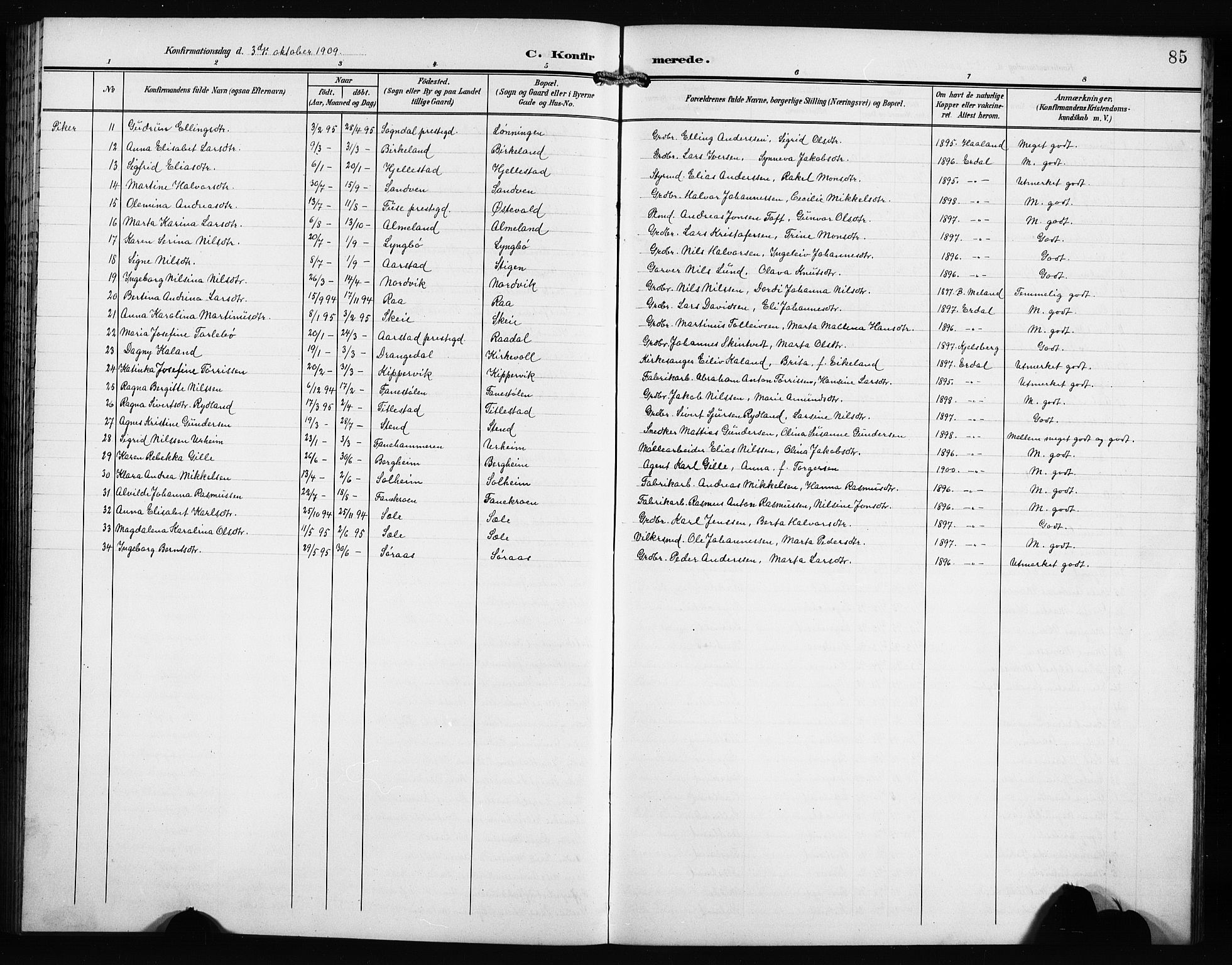 Fana Sokneprestembete, AV/SAB-A-75101/H/Hab/Haba/L0004: Klokkerbok nr. A 4, 1902-1912, s. 85