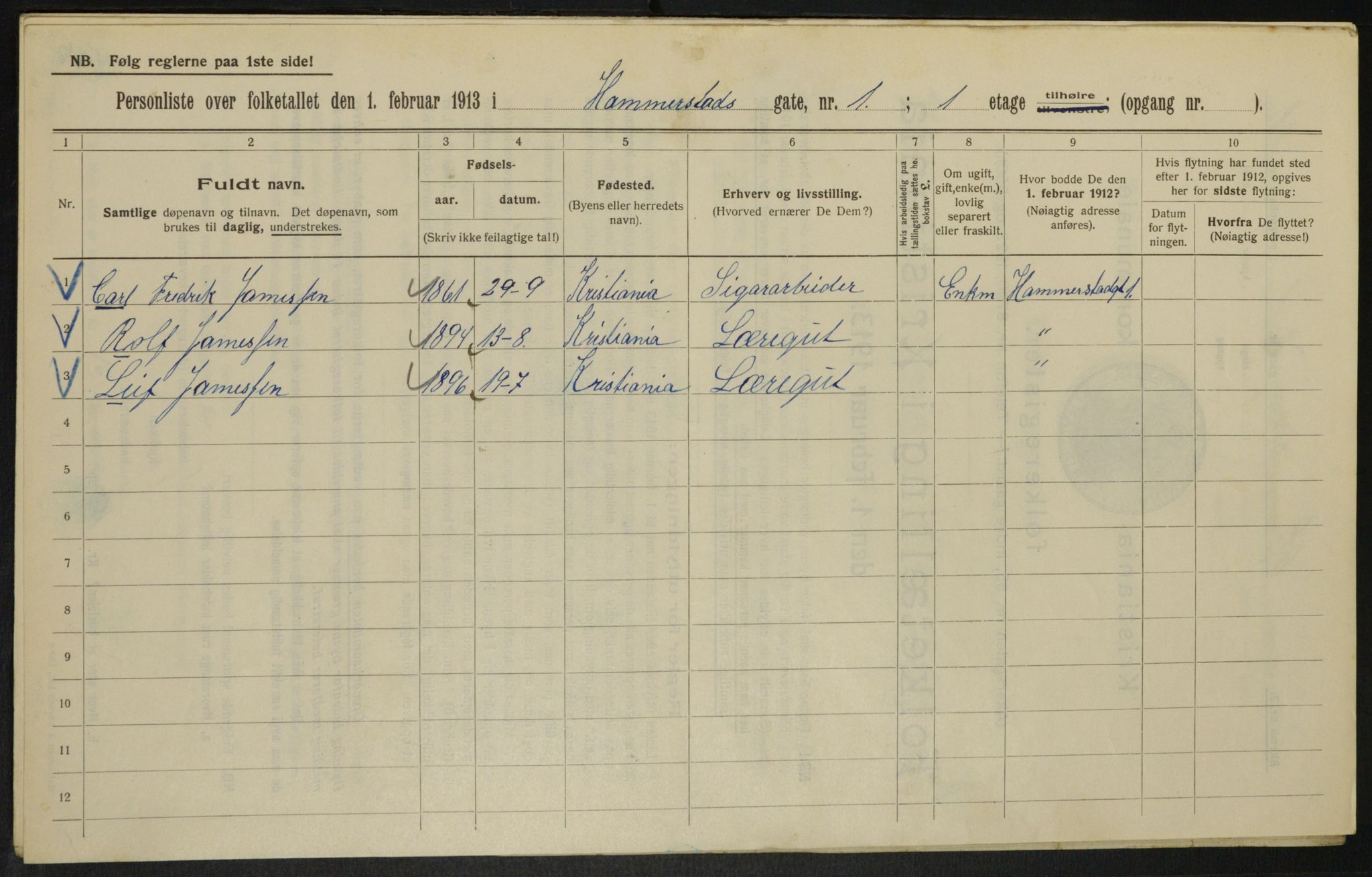 OBA, Kommunal folketelling 1.2.1913 for Kristiania, 1913, s. 34592