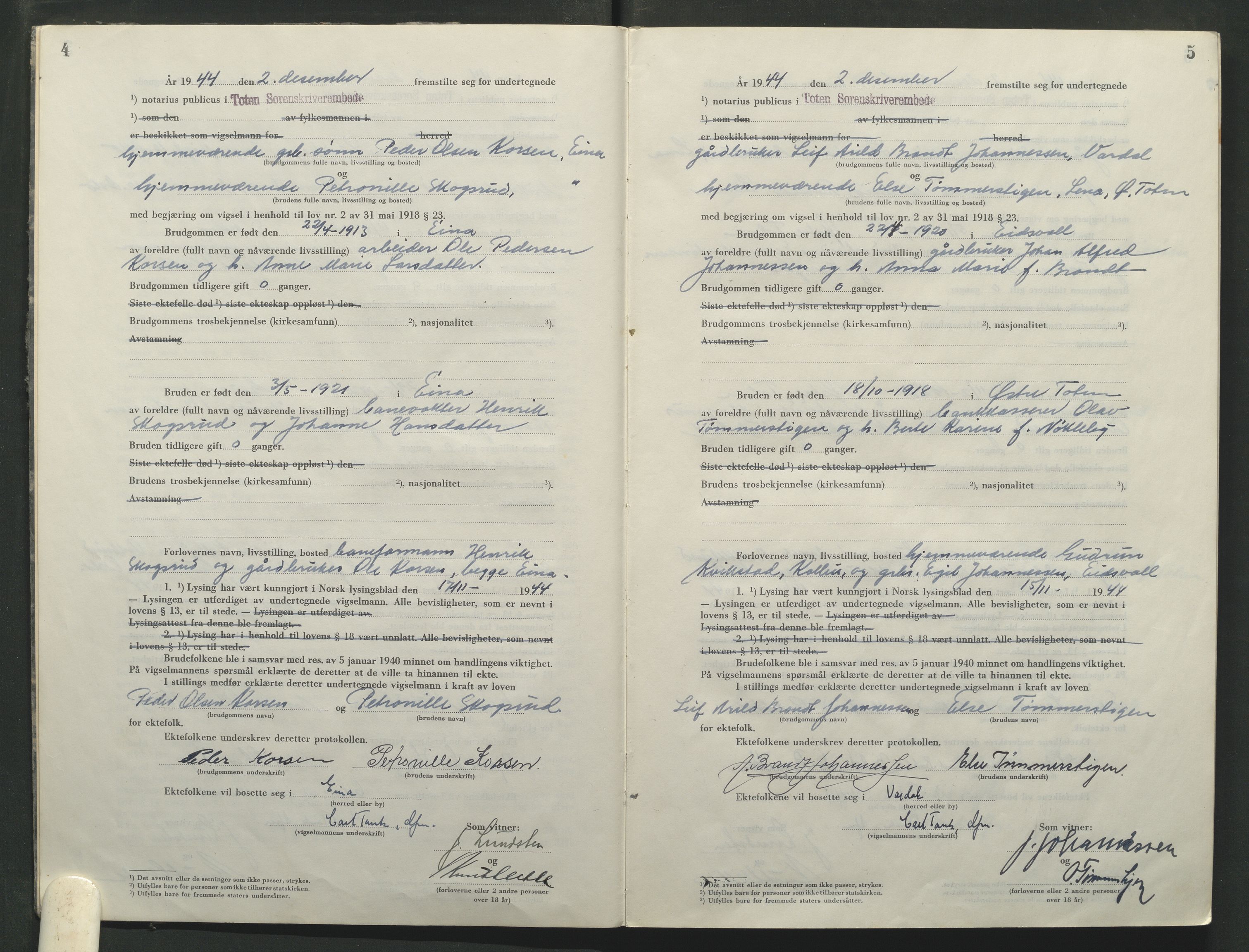 Toten tingrett, AV/SAH-TING-006/L/Lc/L0005: Vigselbok, 1944-1948, s. 4-5