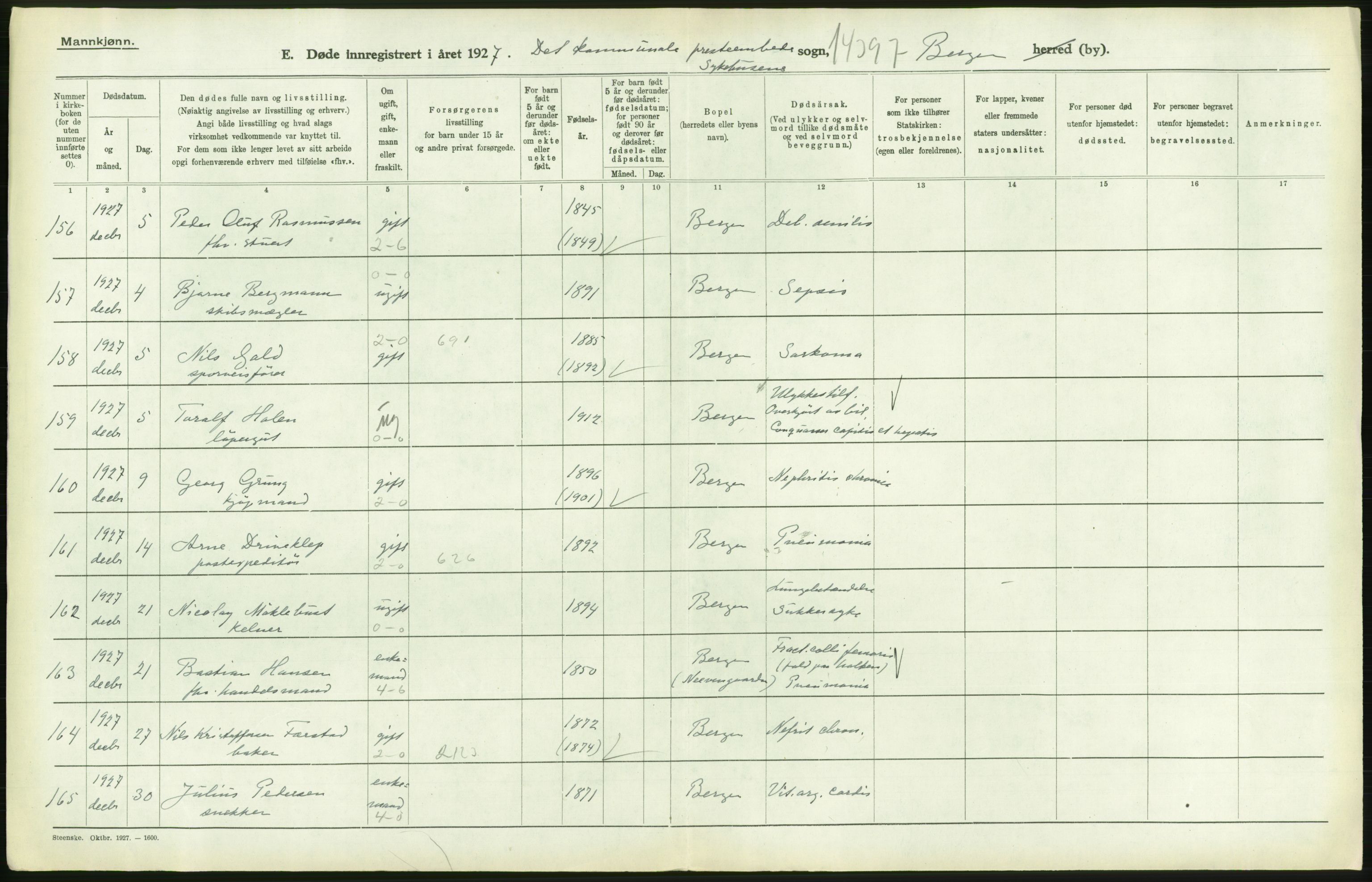 Statistisk sentralbyrå, Sosiodemografiske emner, Befolkning, RA/S-2228/D/Df/Dfc/Dfcg/L0028: Bergen: Gifte, døde., 1927, s. 606