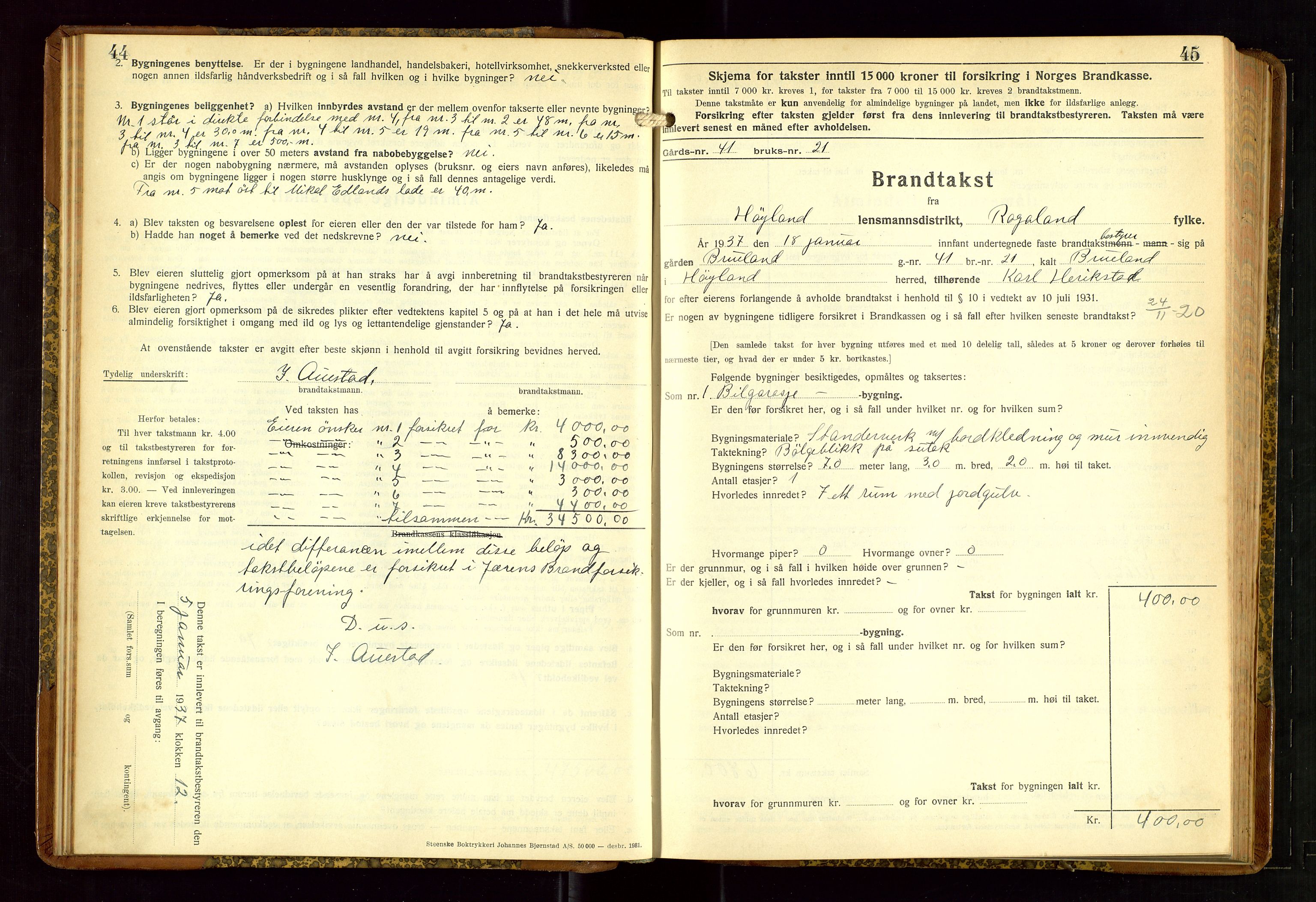Høyland/Sandnes lensmannskontor, AV/SAST-A-100166/Gob/L0006: "Brandtakstprotokoll", 1936-1938, s. 44-45