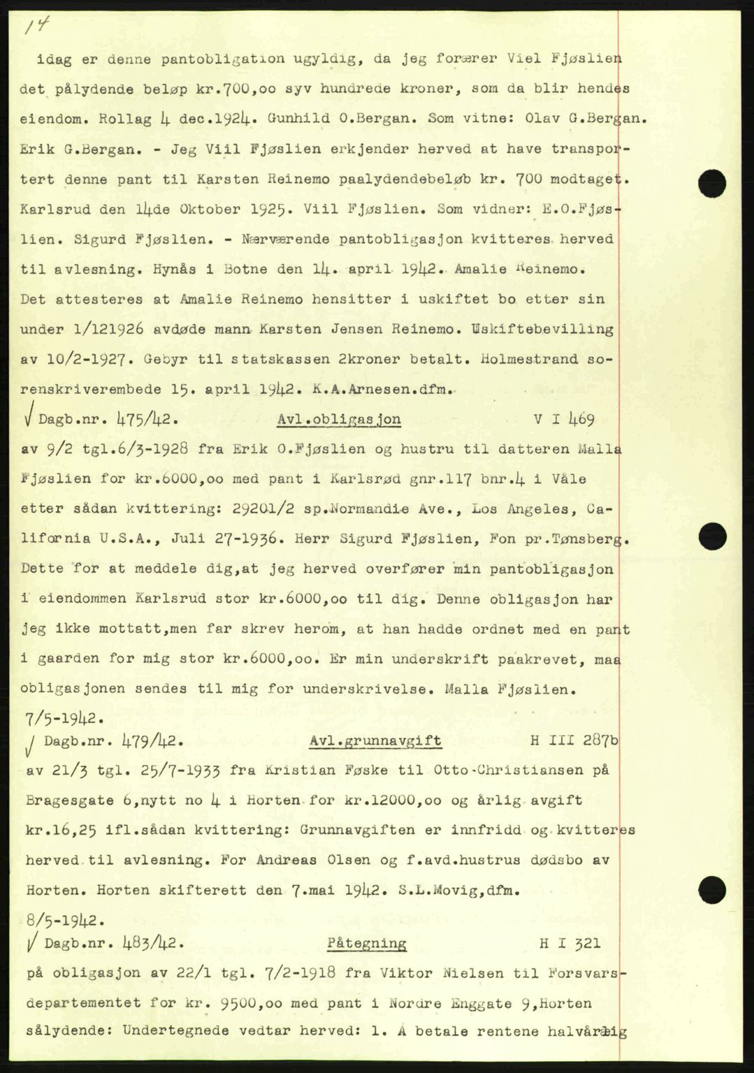 Horten sorenskriveri, SAKO/A-133/G/Ga/Gab/L0003: Pantebok nr. B-5 - B-6, 1941-1943, Dagboknr: 475/1942