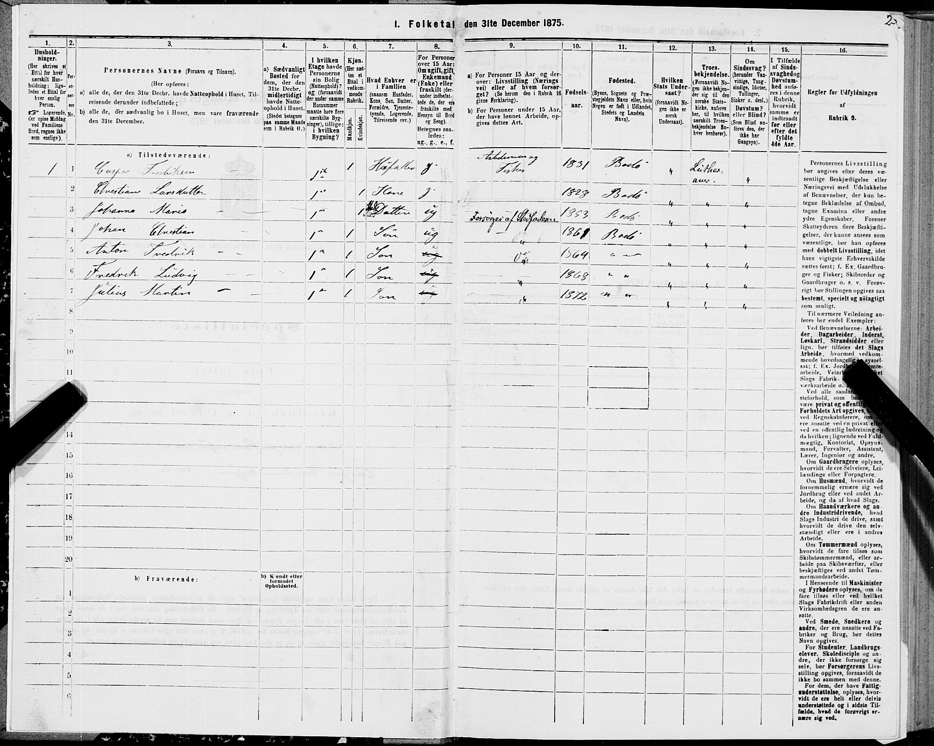 SAT, Folketelling 1875 for 1804B Bodø prestegjeld, Bodø kjøpstad, 1875, s. 2