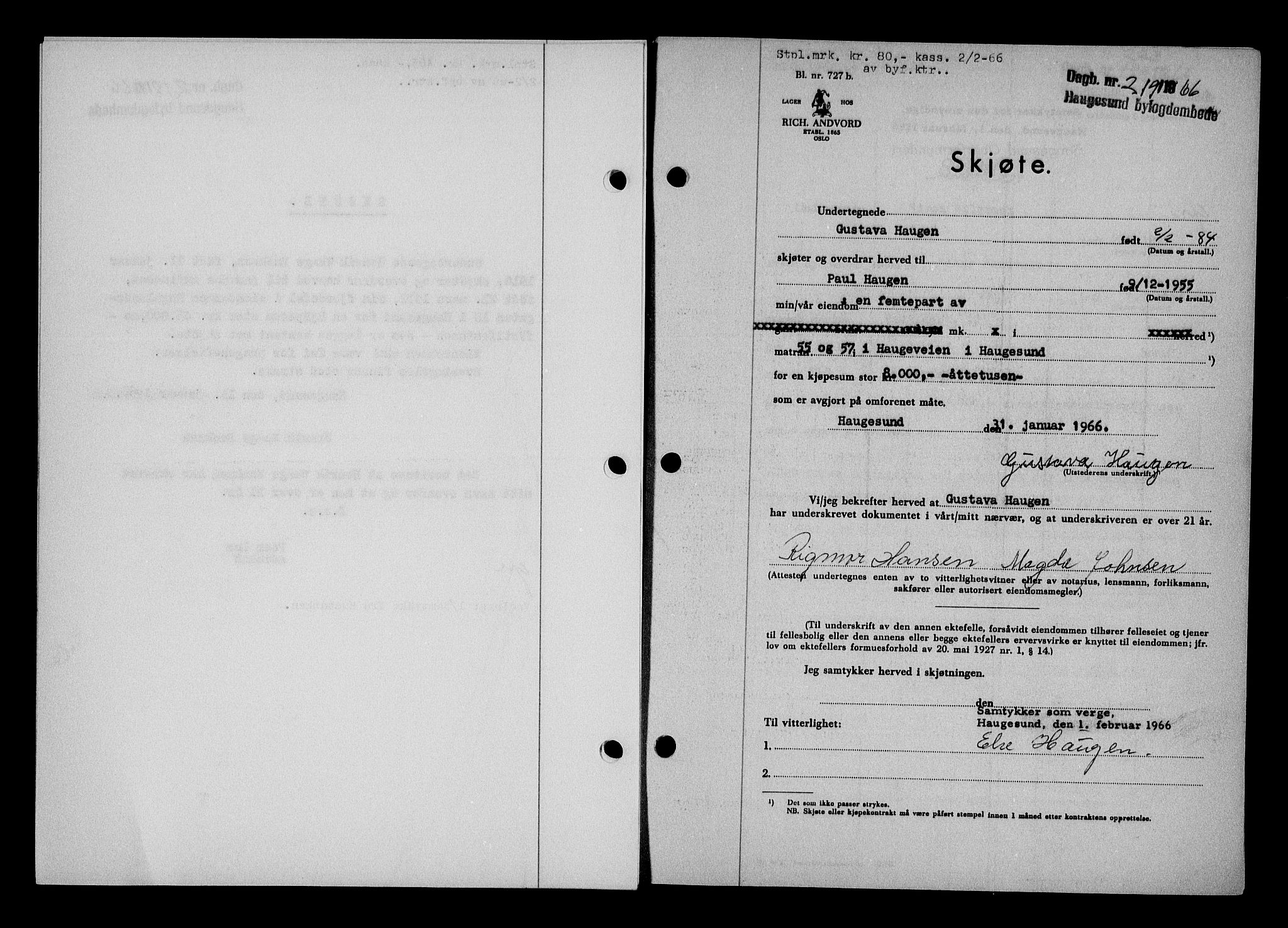 Haugesund tingrett, AV/SAST-A-101415/01/II/IIC/L0076: Pantebok nr. A 17, 1965-1966, Dagboknr: 219/1966