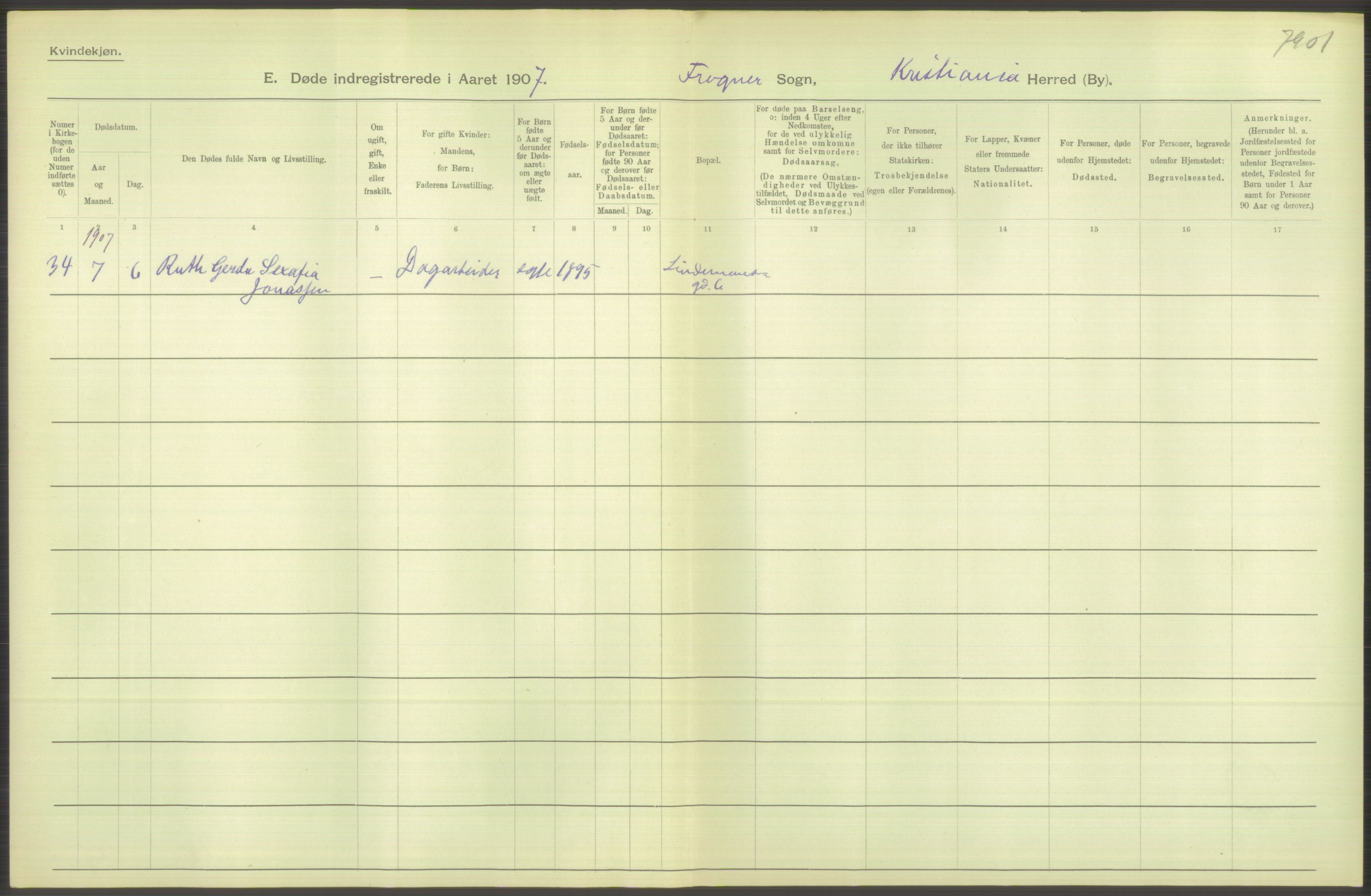 Statistisk sentralbyrå, Sosiodemografiske emner, Befolkning, AV/RA-S-2228/D/Df/Dfa/Dfae/L0009: Kristiania: Døde, 1907, s. 304