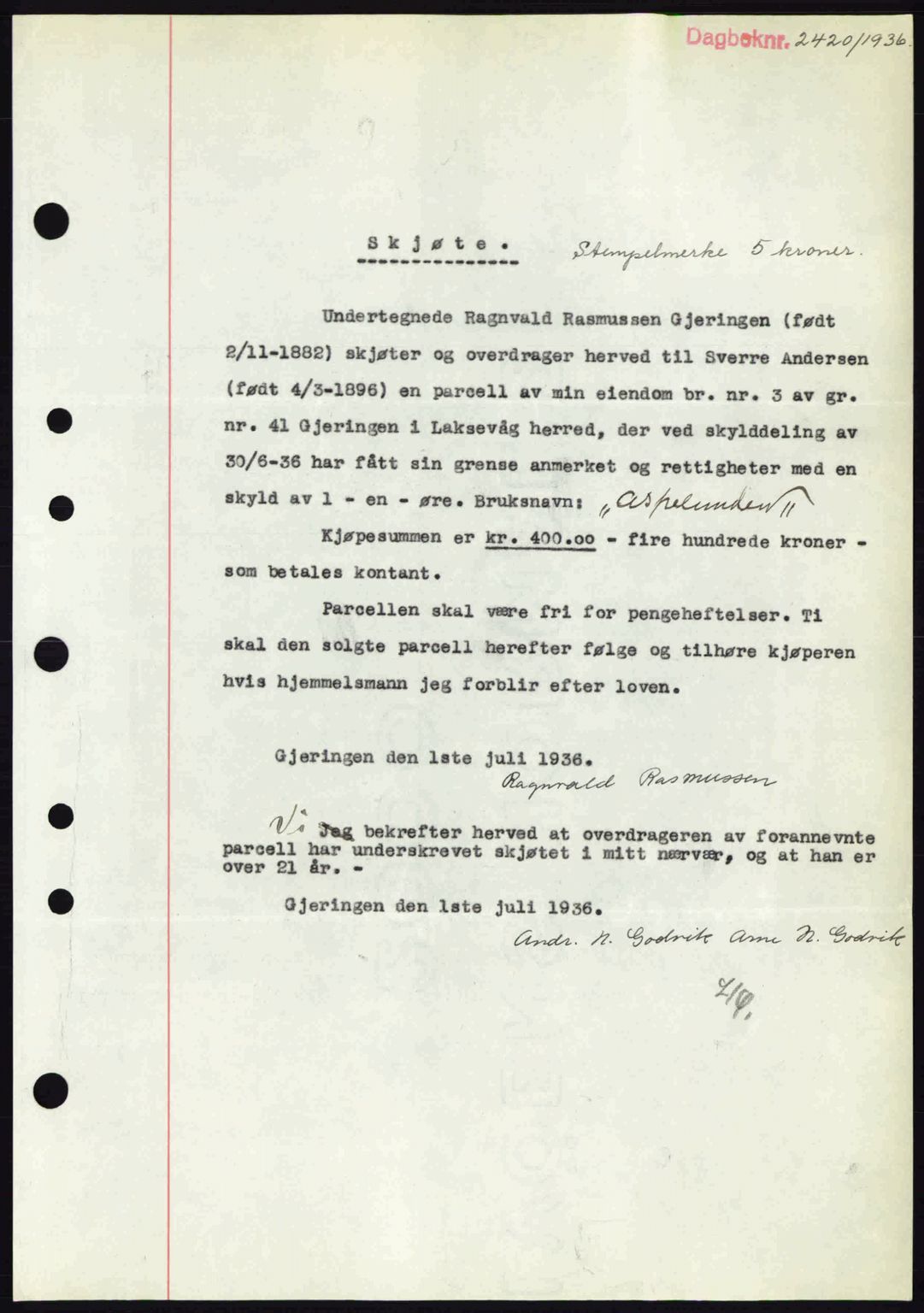 Midhordland sorenskriveri, SAB/A-3001/1/G/Gb/Gbk/L0001: Pantebok nr. A1-6, 1936-1937, Dagboknr: 2420/1936