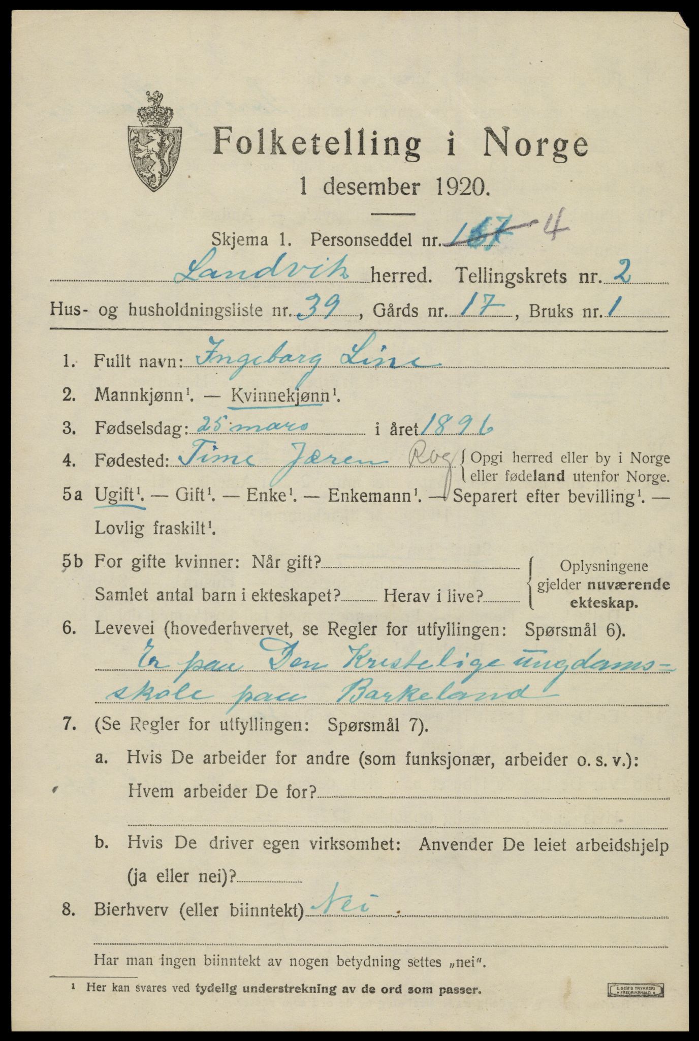 SAK, Folketelling 1920 for 0924 Landvik herred, 1920, s. 2100