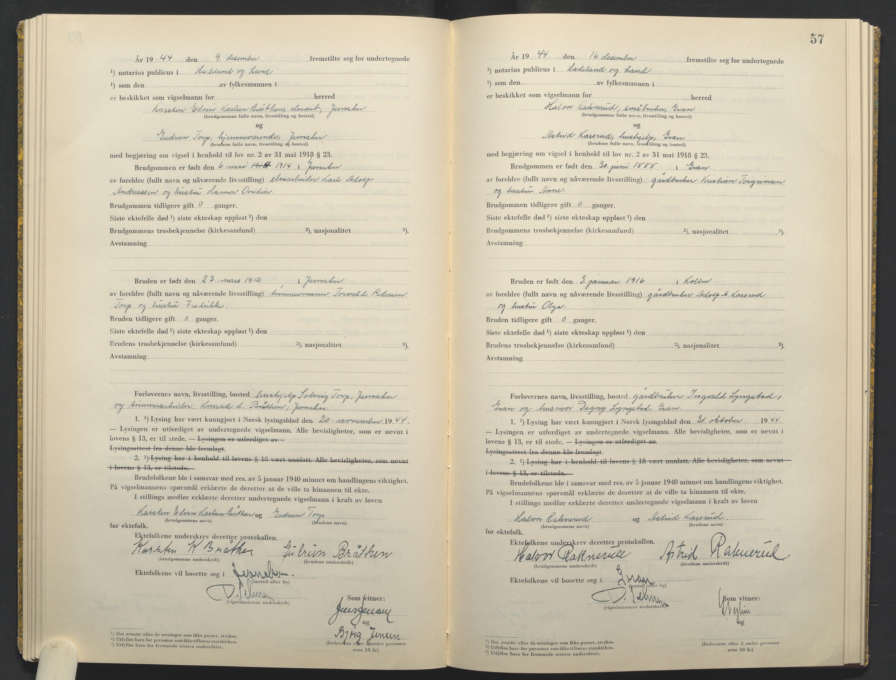 Hadeland og Land tingrett, AV/SAH-TING-010/L/Lb/L0003: Vigselbok, 1944-1946, s. 57