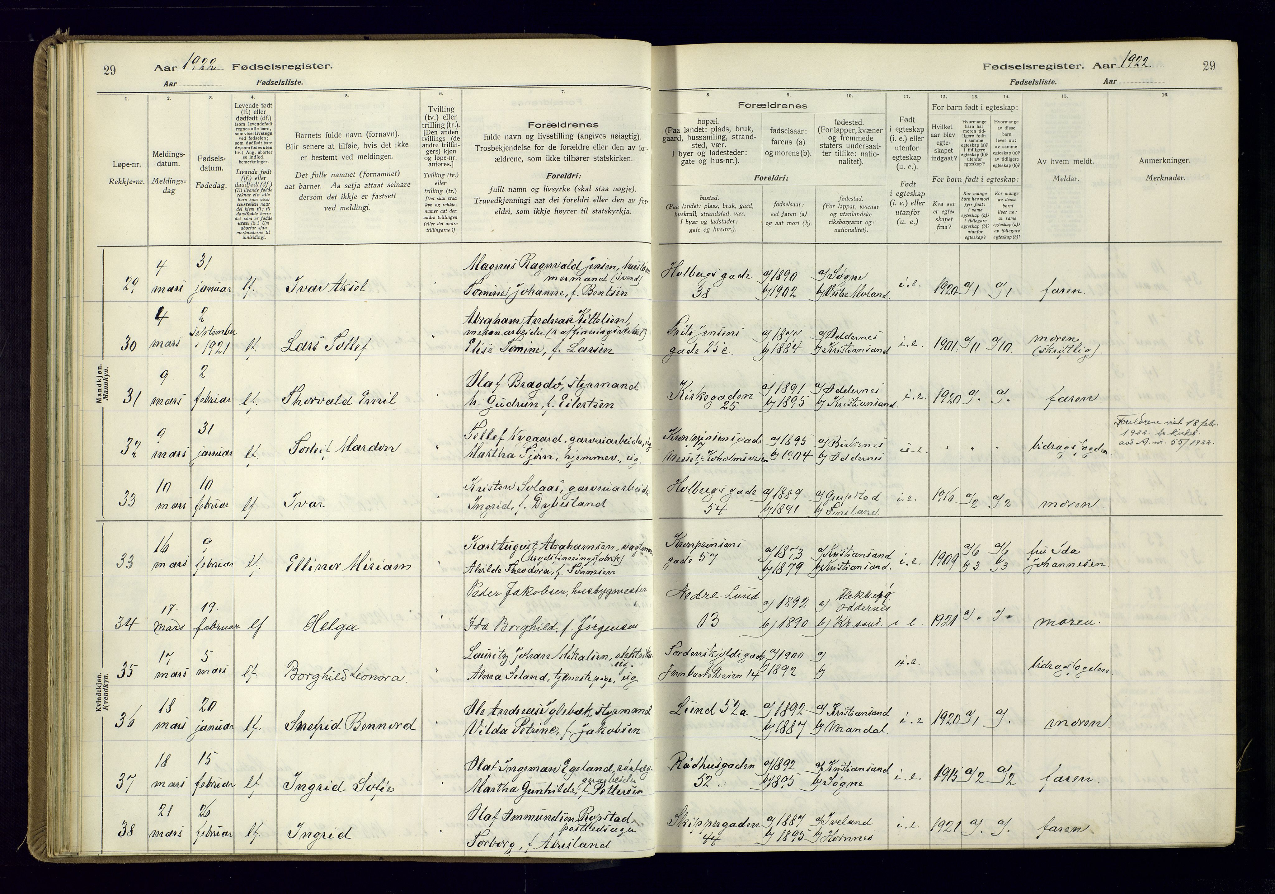 Kristiansand domprosti, AV/SAK-1112-0006/J/Jc/L0002: Fødselsregister nr. A-VI-46, 1921-1926, s. 29