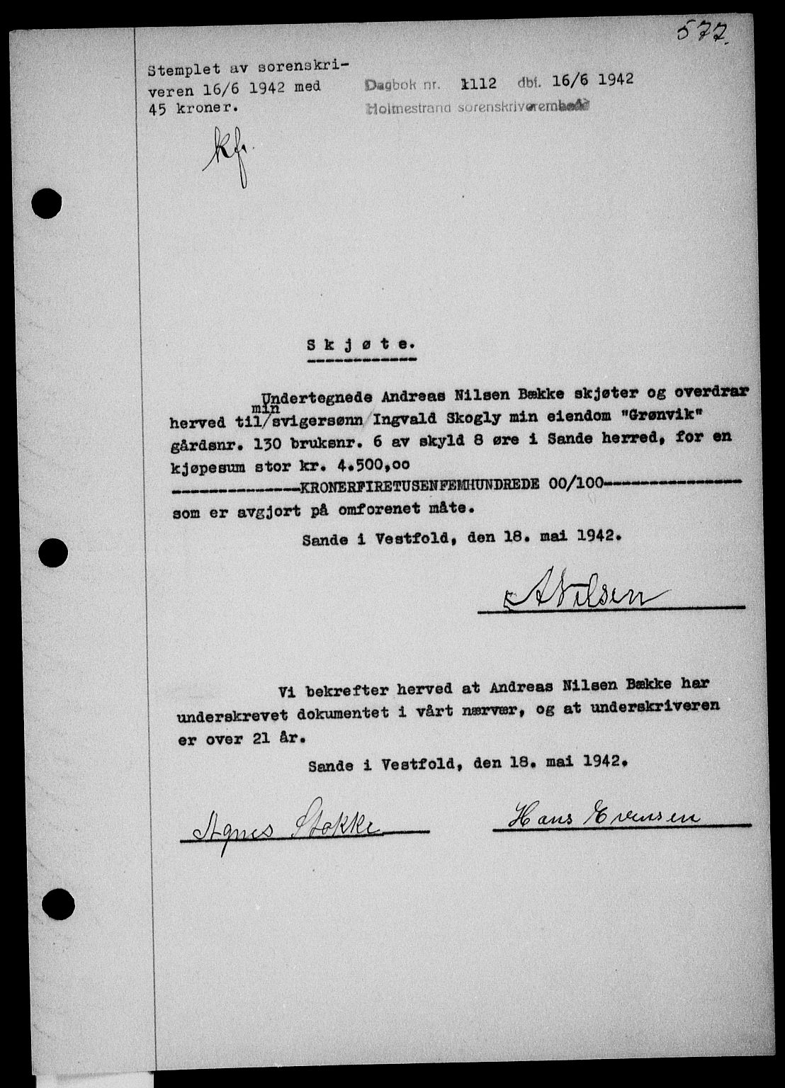 Holmestrand sorenskriveri, SAKO/A-67/G/Ga/Gaa/L0055: Pantebok nr. A-55, 1942-1942, Dagboknr: 1112/1942