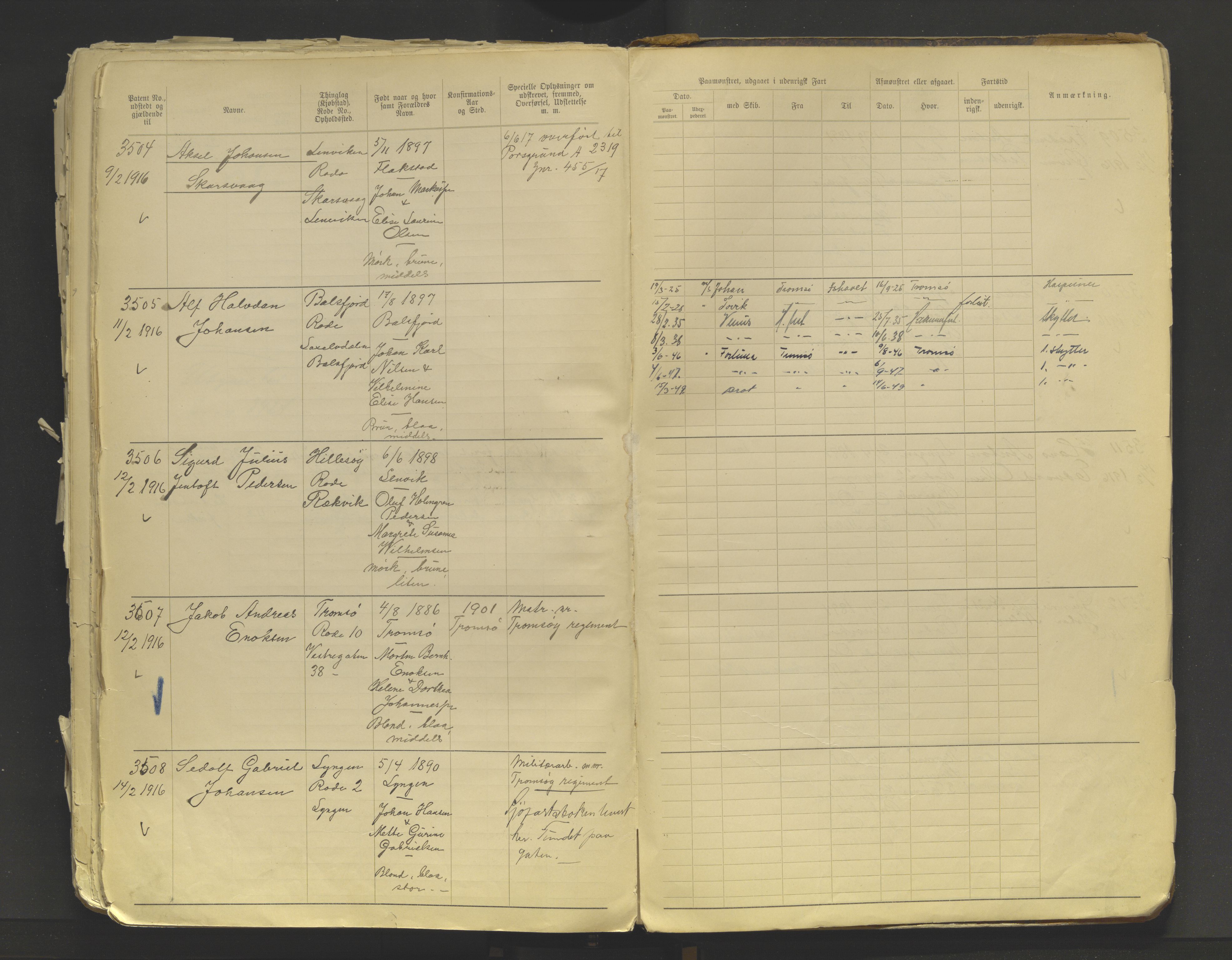 Tromsø sjømannskontor/innrullerings-/mønstringsdistrikt, AV/SATØ-S-0243/F/Fb/L0009: Annotasjonsrulle. Defekt: løse permer. Nr. 2075-3518, 1908-1916