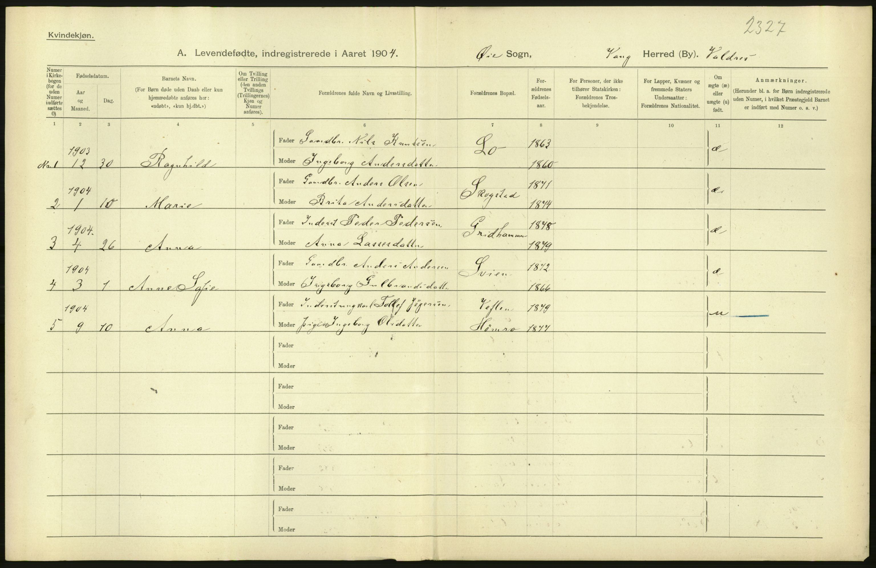 Statistisk sentralbyrå, Sosiodemografiske emner, Befolkning, AV/RA-S-2228/D/Df/Dfa/Dfab/L0006: Kristians amt: Fødte, gifte, døde, 1904, s. 434