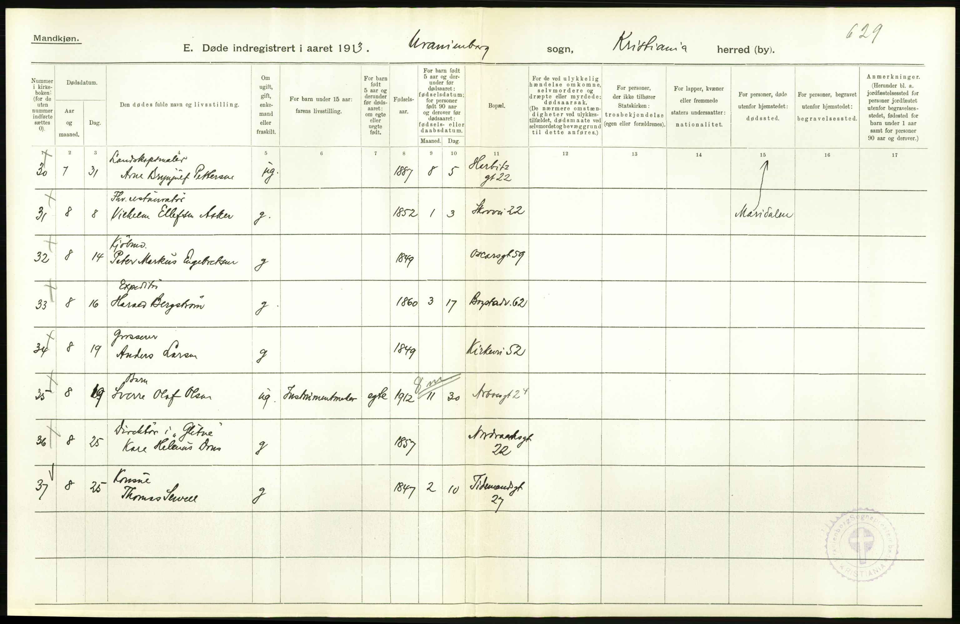 Statistisk sentralbyrå, Sosiodemografiske emner, Befolkning, AV/RA-S-2228/D/Df/Dfb/Dfbc/L0009: Kristiania: Døde., 1913, s. 454