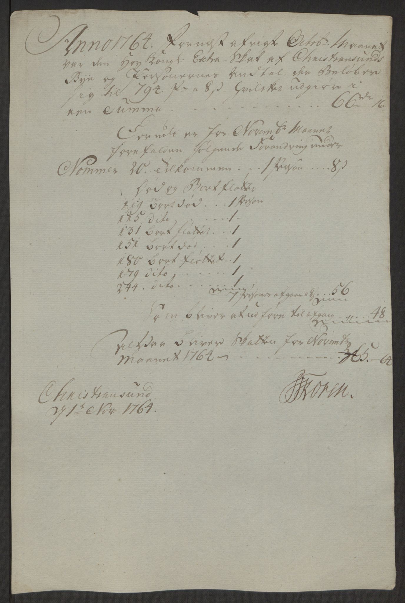 Rentekammeret inntil 1814, Reviderte regnskaper, Byregnskaper, AV/RA-EA-4066/R/Rr/L0495/0004: [R1] Kontribusjonsregnskap / Ekstraskatt, 1762-1772, s. 46