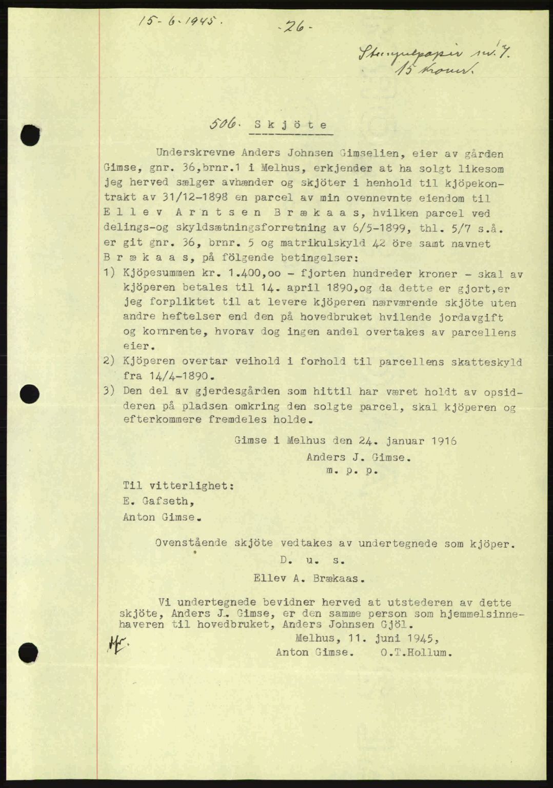 Gauldal sorenskriveri, SAT/A-0014/1/2/2C: Pantebok nr. A1a, 1945-1945, Dagboknr: 506/1945