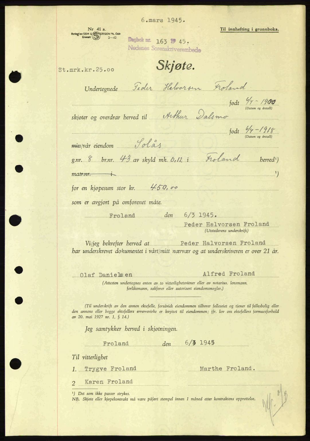 Nedenes sorenskriveri, SAK/1221-0006/G/Gb/Gba/L0052: Pantebok nr. A6a, 1944-1945, Dagboknr: 163/1945