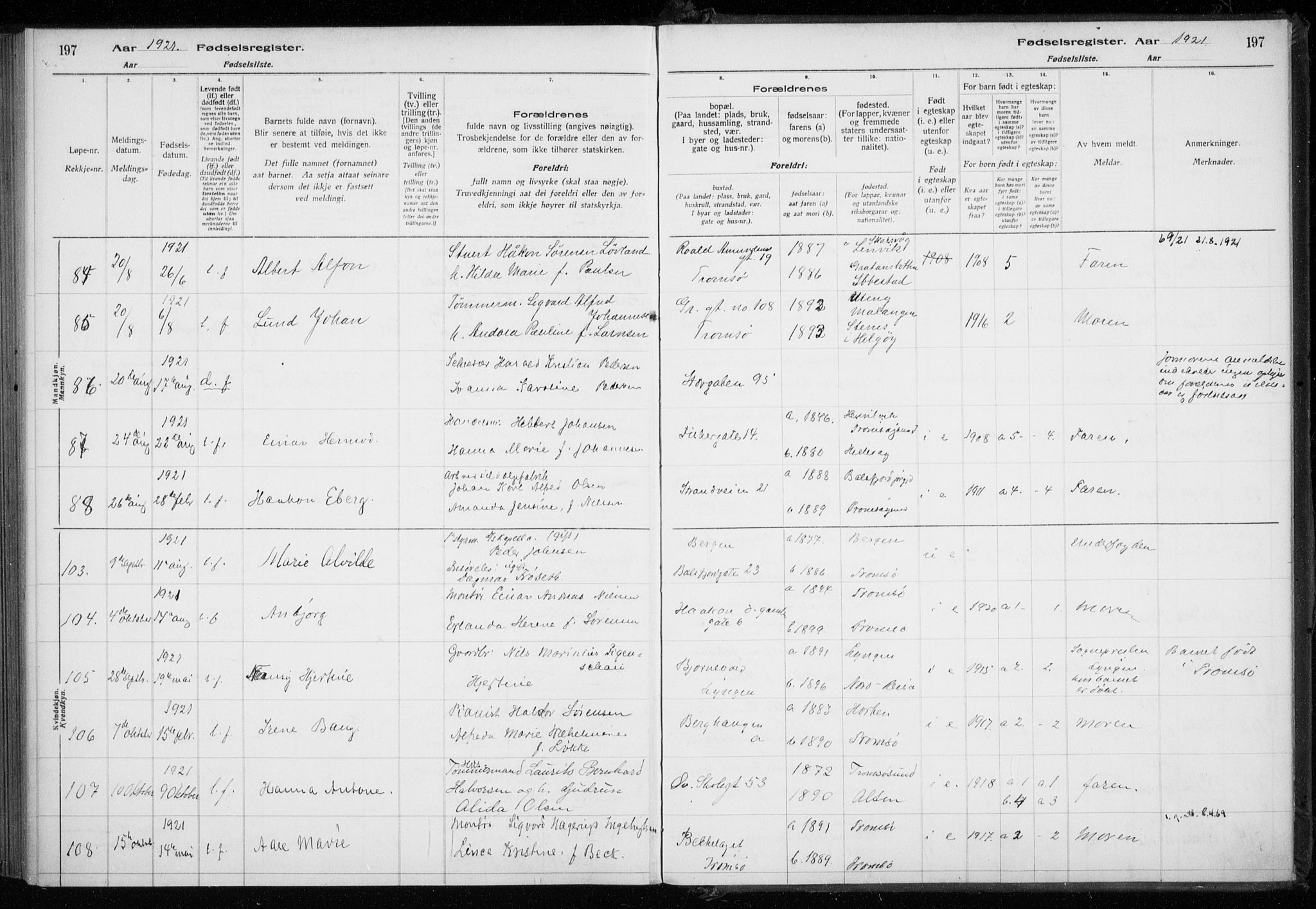 Tromsø sokneprestkontor/stiftsprosti/domprosti, AV/SATØ-S-1343/H/Ha/L0131: Fødselsregister nr. 131, 1916-1921, s. 197