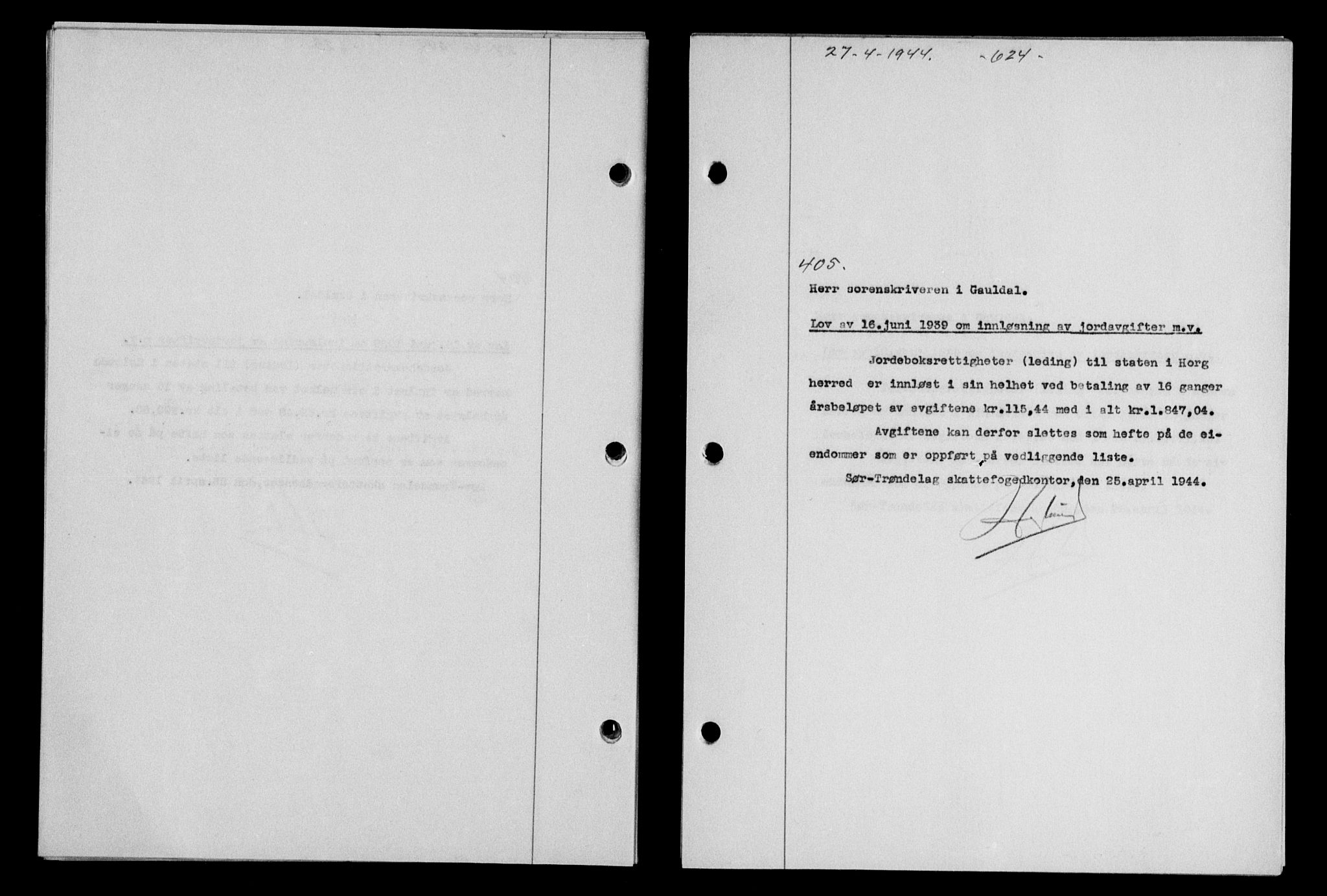 Gauldal sorenskriveri, SAT/A-0014/1/2/2C/L0057: Pantebok nr. 62, 1943-1944, Dagboknr: 405/1944