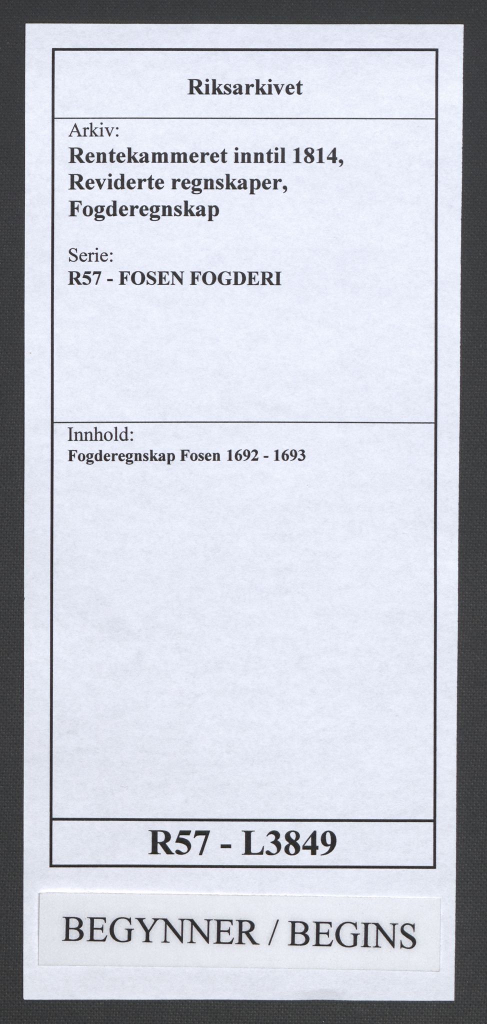 Rentekammeret inntil 1814, Reviderte regnskaper, Fogderegnskap, RA/EA-4092/R57/L3849: Fogderegnskap Fosen, 1692-1693, s. 1