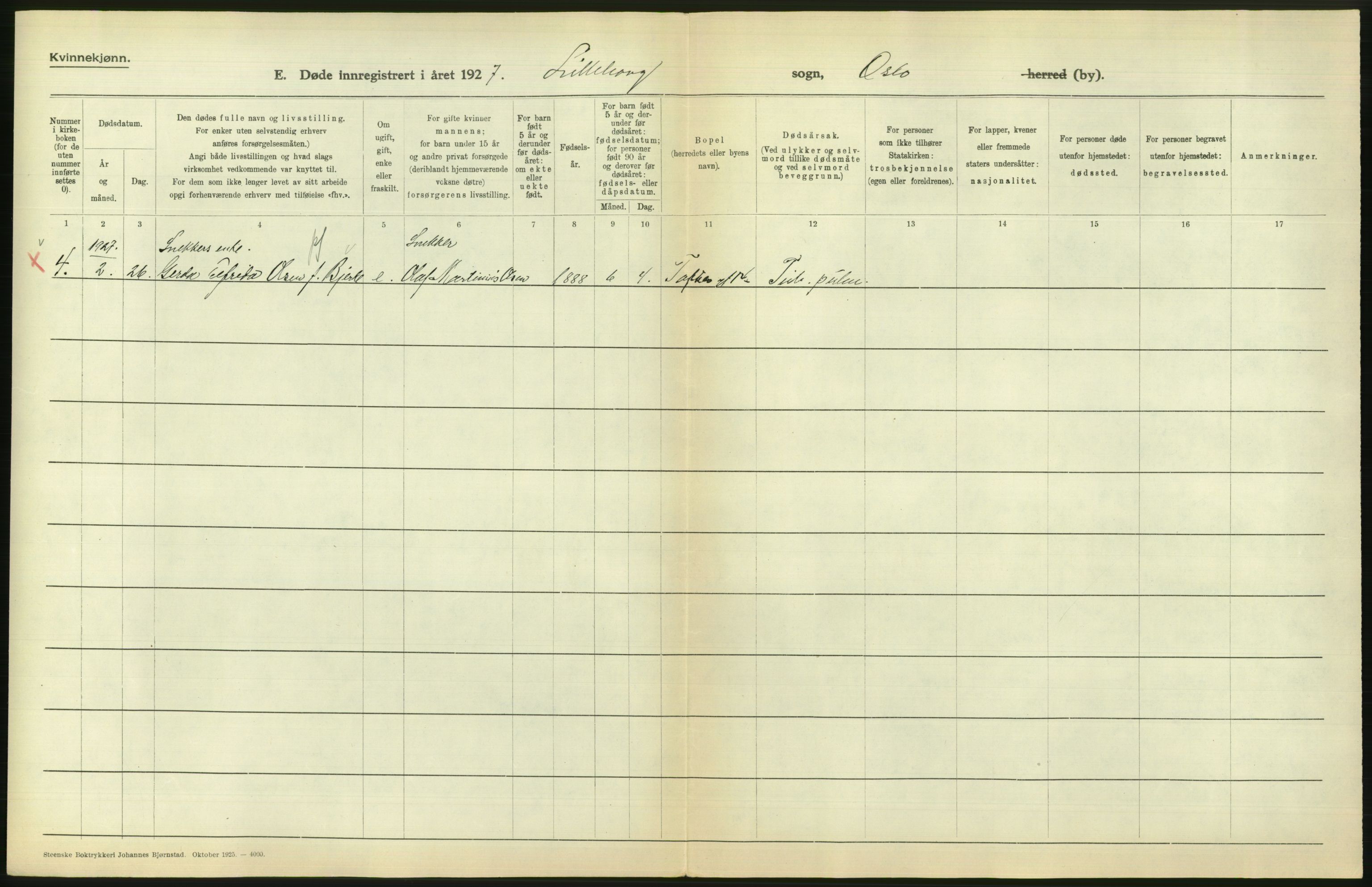 Statistisk sentralbyrå, Sosiodemografiske emner, Befolkning, AV/RA-S-2228/D/Df/Dfc/Dfcg/L0010: Oslo: Døde kvinner, dødfødte, 1927, s. 732