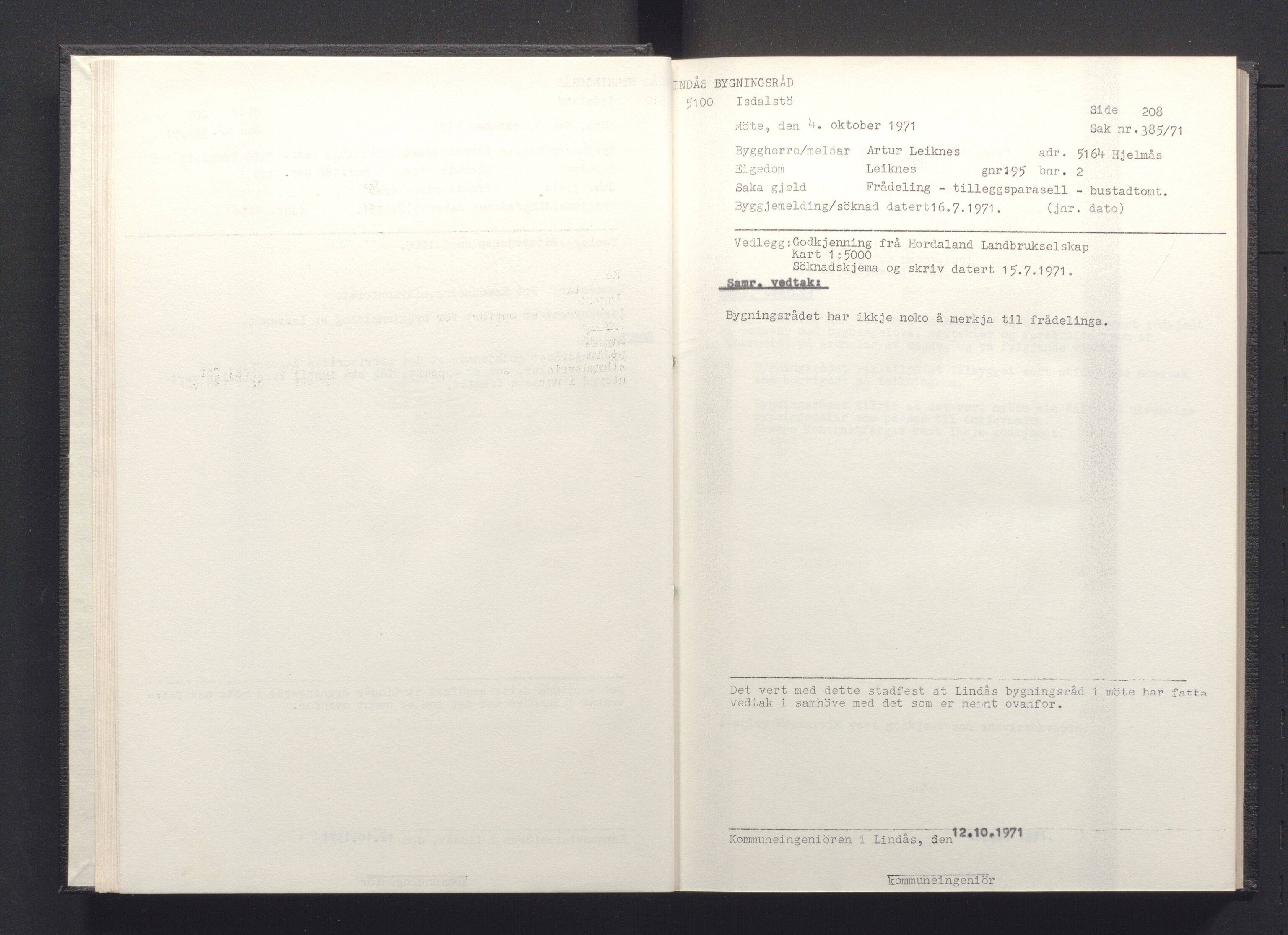 Lindås kommune. Bygningsrådet, IKAH/1263-511/A/Aa/L0008: Møtebok for Lindås bygningsråd, 1971