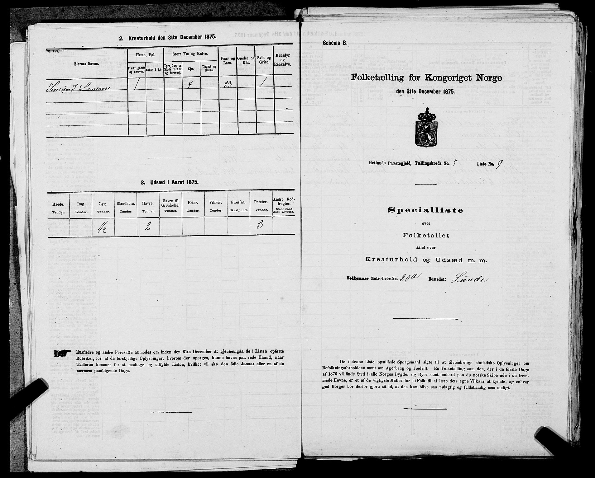 SAST, Folketelling 1875 for 1126P Hetland prestegjeld, 1875, s. 1068