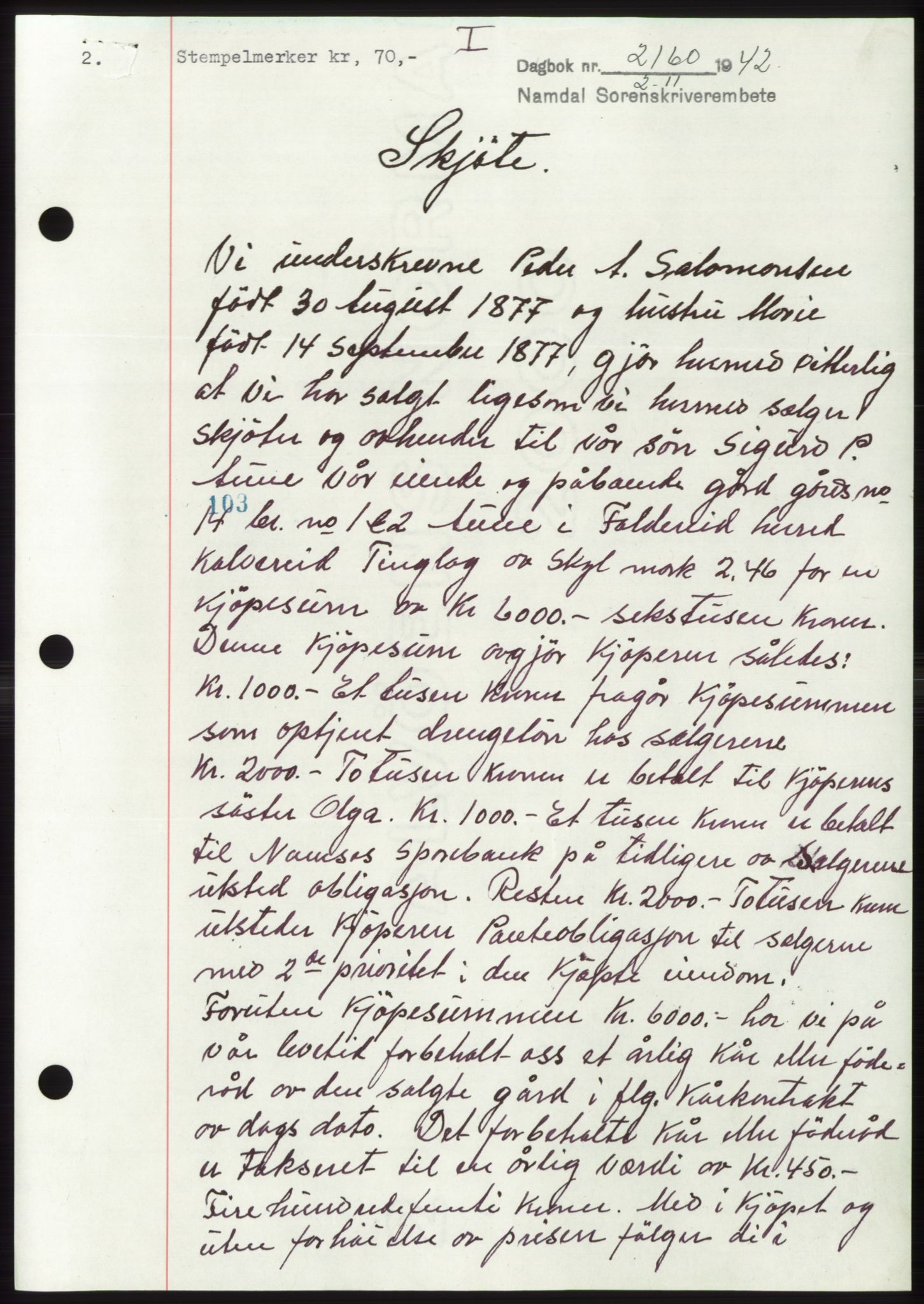Namdal sorenskriveri, SAT/A-4133/1/2/2C: Pantebok nr. -, 1942-1943, Dagboknr: 2160/1942