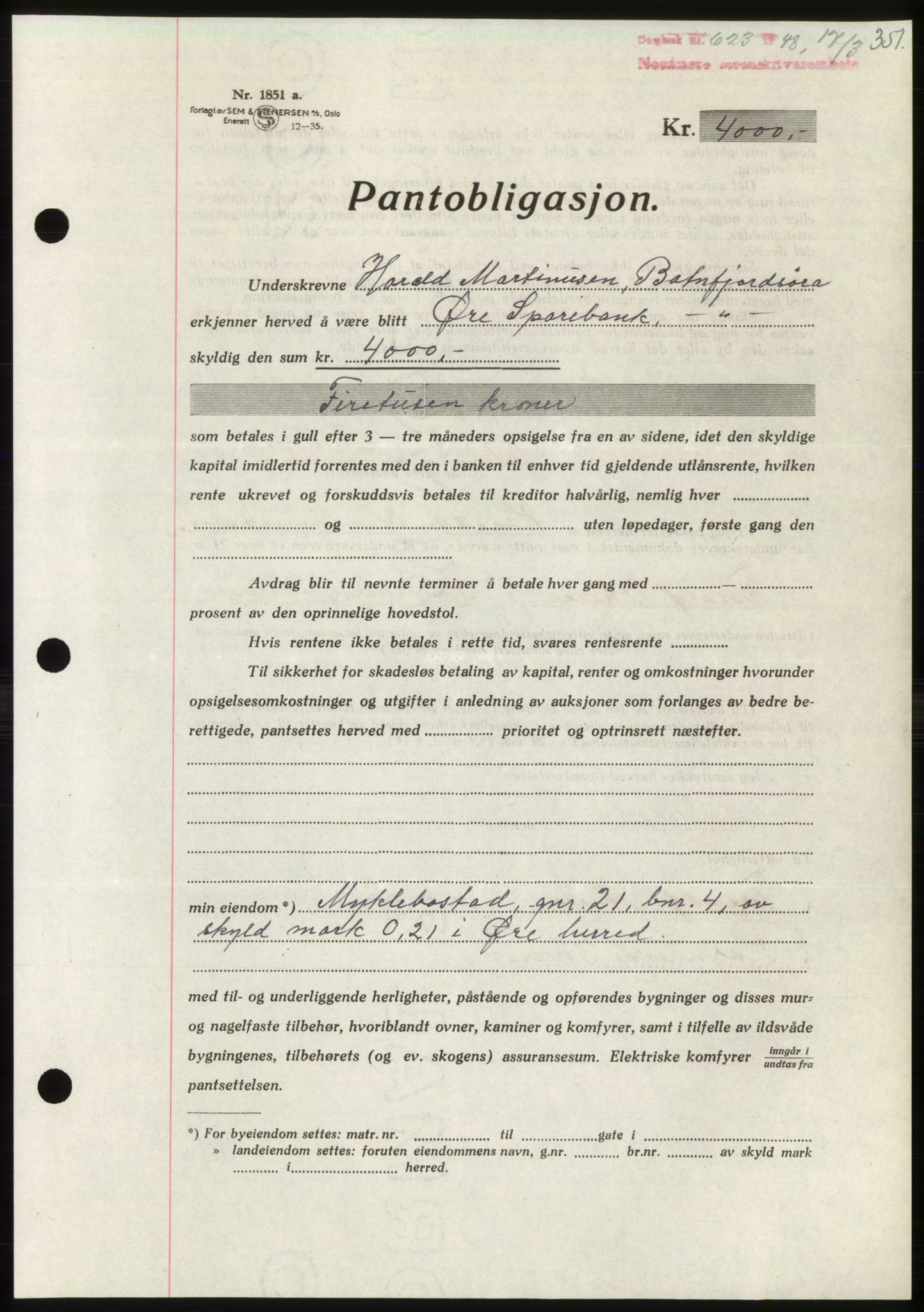 Nordmøre sorenskriveri, SAT/A-4132/1/2/2Ca: Pantebok nr. B98, 1948-1948, Dagboknr: 623/1948