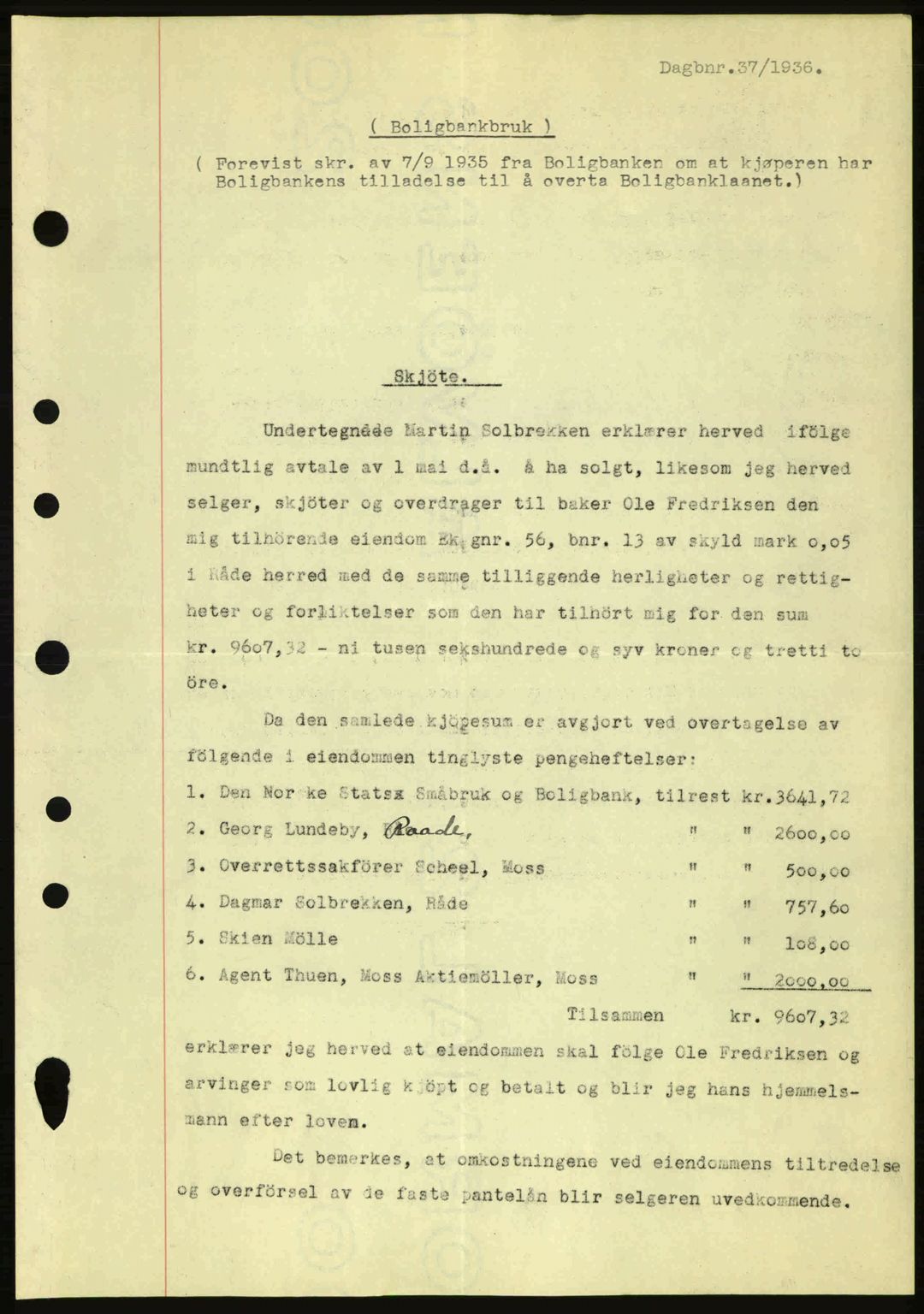 Moss sorenskriveri, SAO/A-10168: Pantebok nr. A1, 1936-1936, Dagboknr: 37/1936