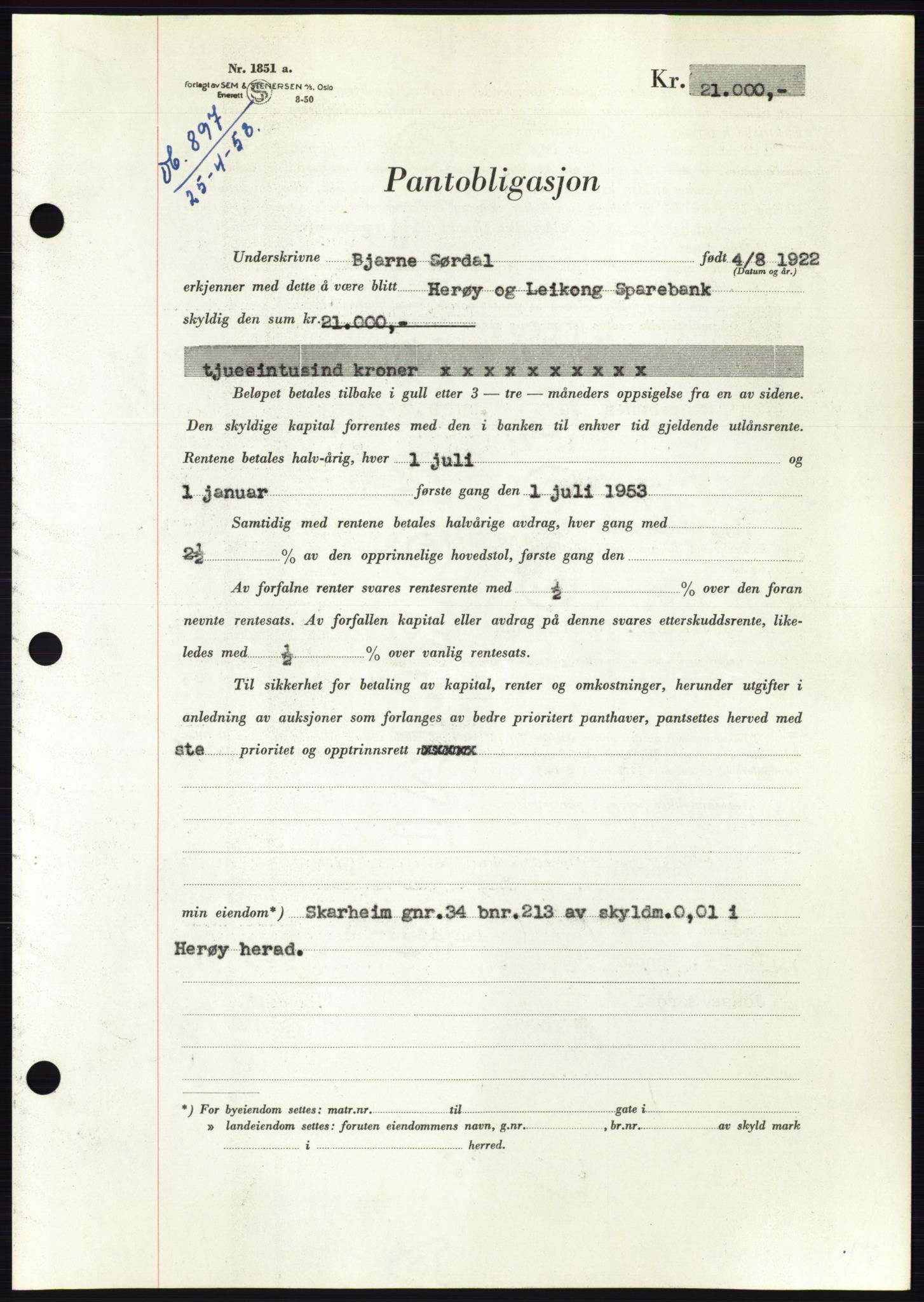 Søre Sunnmøre sorenskriveri, SAT/A-4122/1/2/2C/L0123: Pantebok nr. 11B, 1953-1953, Dagboknr: 897/1953