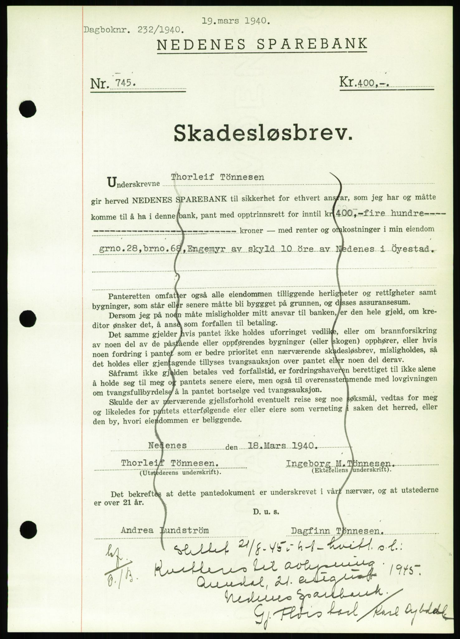 Nedenes sorenskriveri, SAK/1221-0006/G/Gb/Gbb/L0001: Pantebok nr. I, 1939-1942, Dagboknr: 232/1940