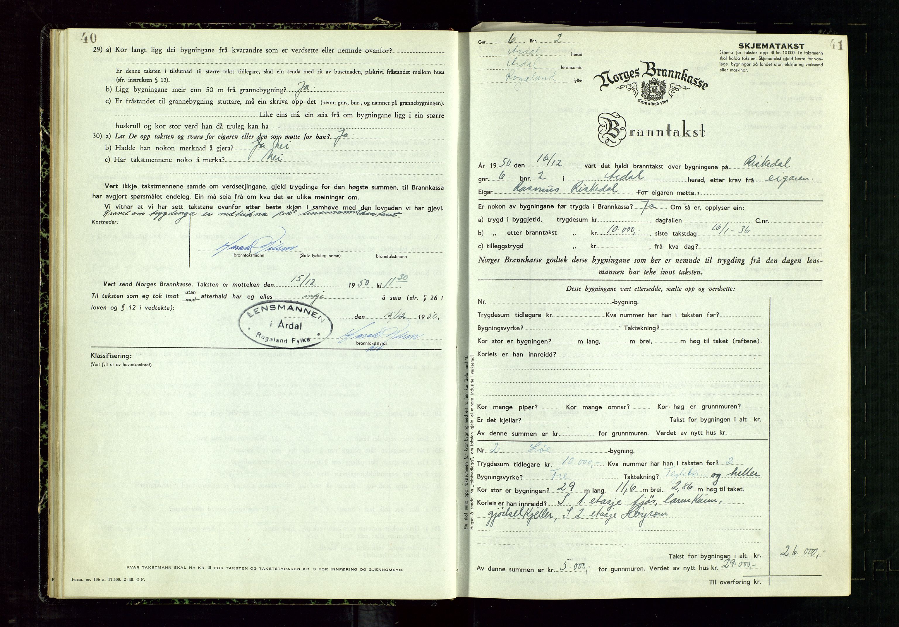 Årdal lensmannskontor, AV/SAST-A-100453/Gob/L0002: "Brandtaxationsprotokol", 1950-1955, s. 40-41