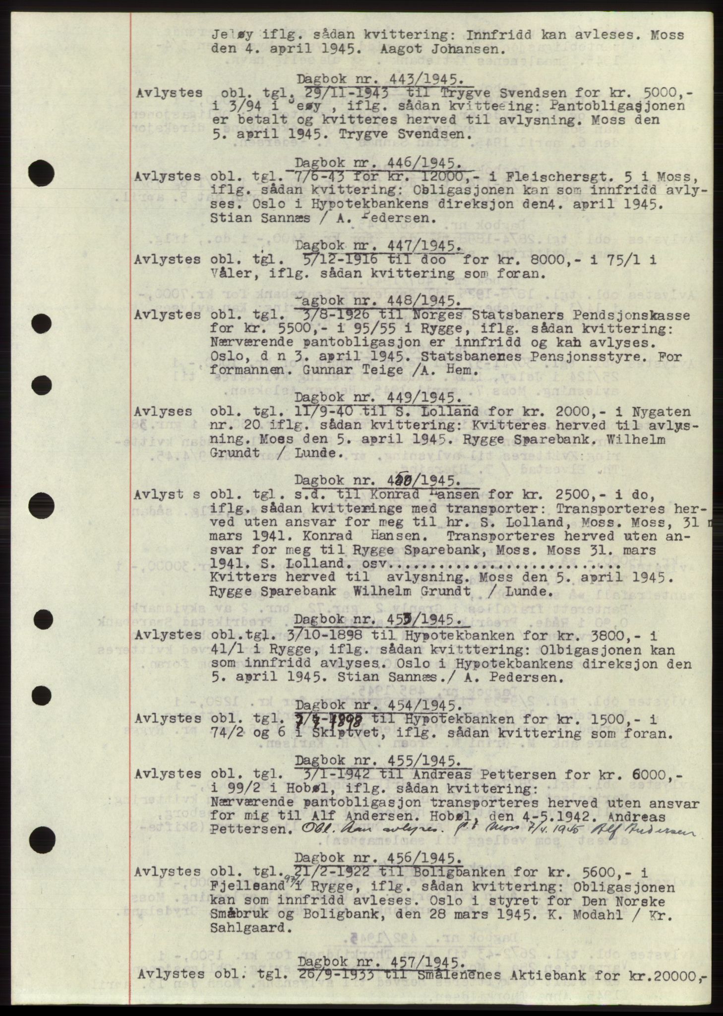 Moss sorenskriveri, SAO/A-10168: Pantebok nr. C10, 1938-1950, Dagboknr: 443/1945