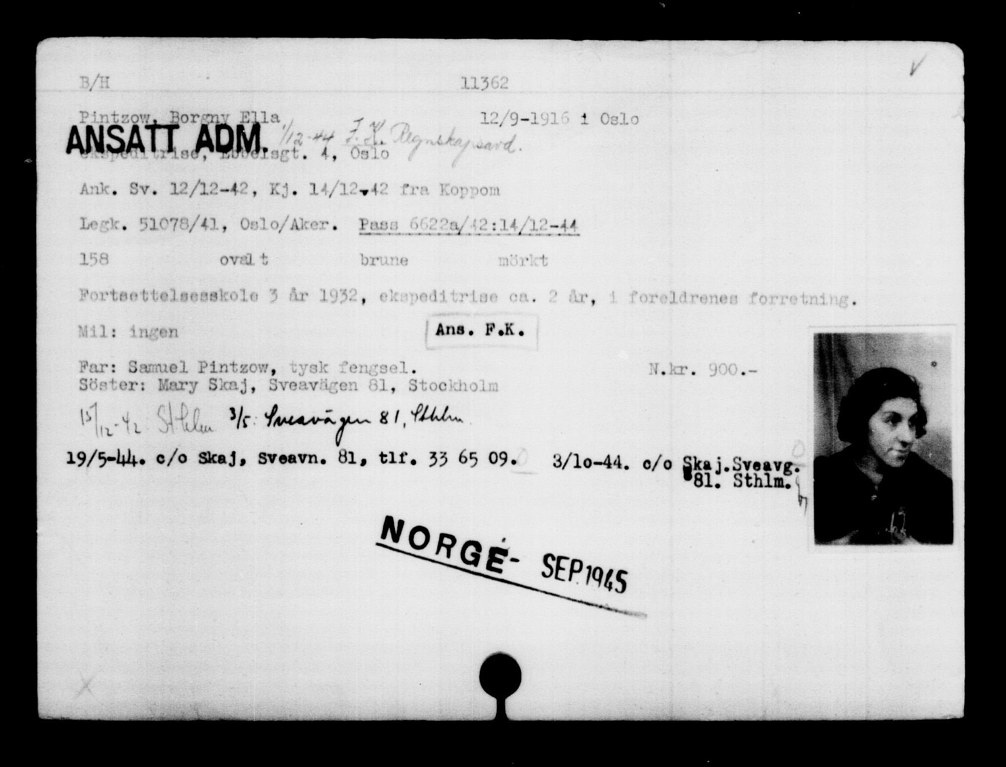 Utenriksstasjonene, Legasjonen i Stockholm, Flyktningkontoret, AV/RA-S-6753/V/Va/L0006: Kjesäterkartoteket, flyktninger med registreringsnr. 9400-12711, 1940-1945, s. 2219
