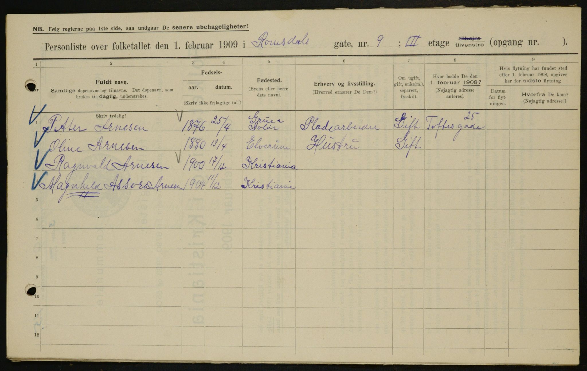 OBA, Kommunal folketelling 1.2.1909 for Kristiania kjøpstad, 1909, s. 75541