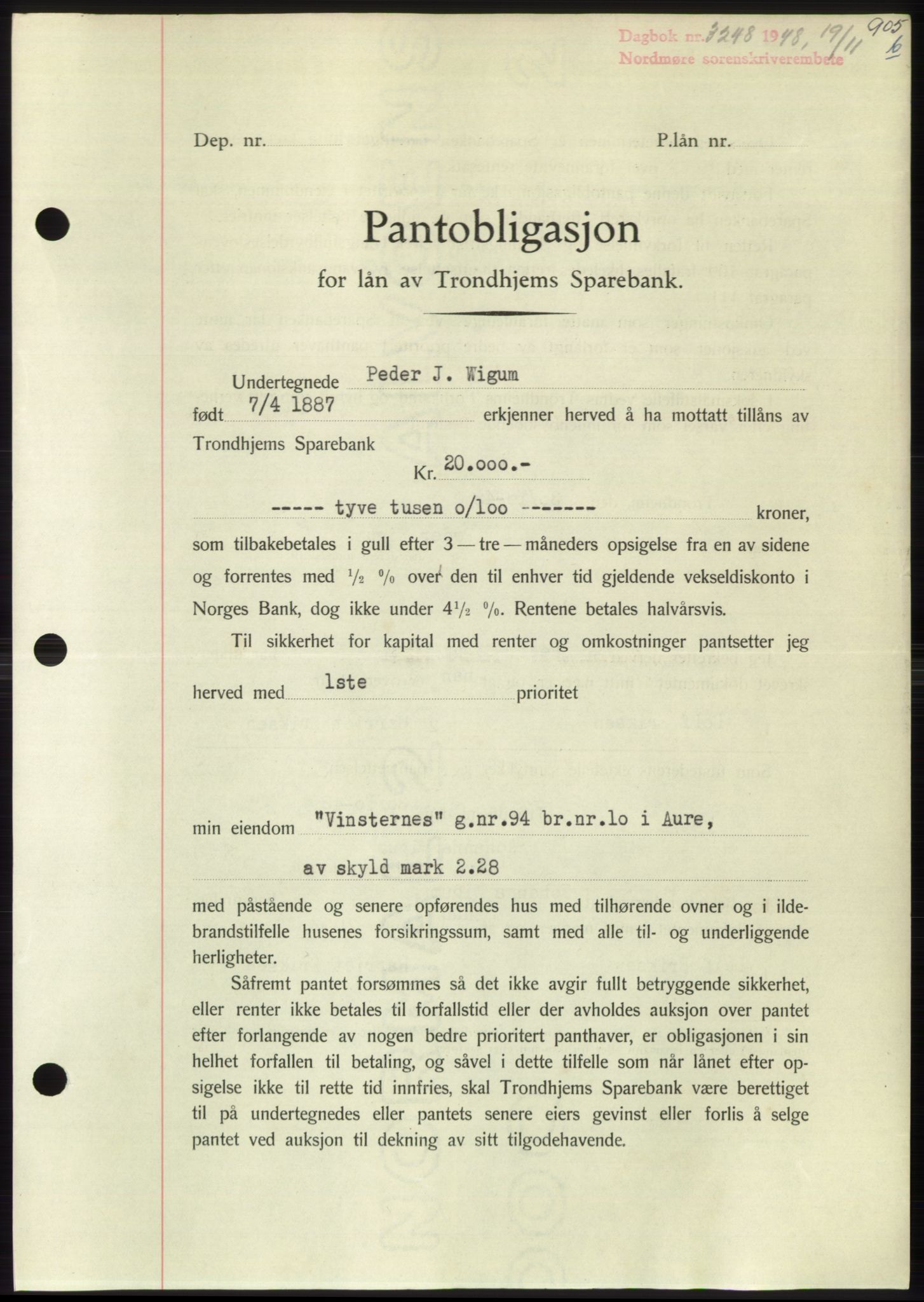 Nordmøre sorenskriveri, SAT/A-4132/1/2/2Ca: Pantebok nr. B100, 1948-1949, Dagboknr: 3248/1948