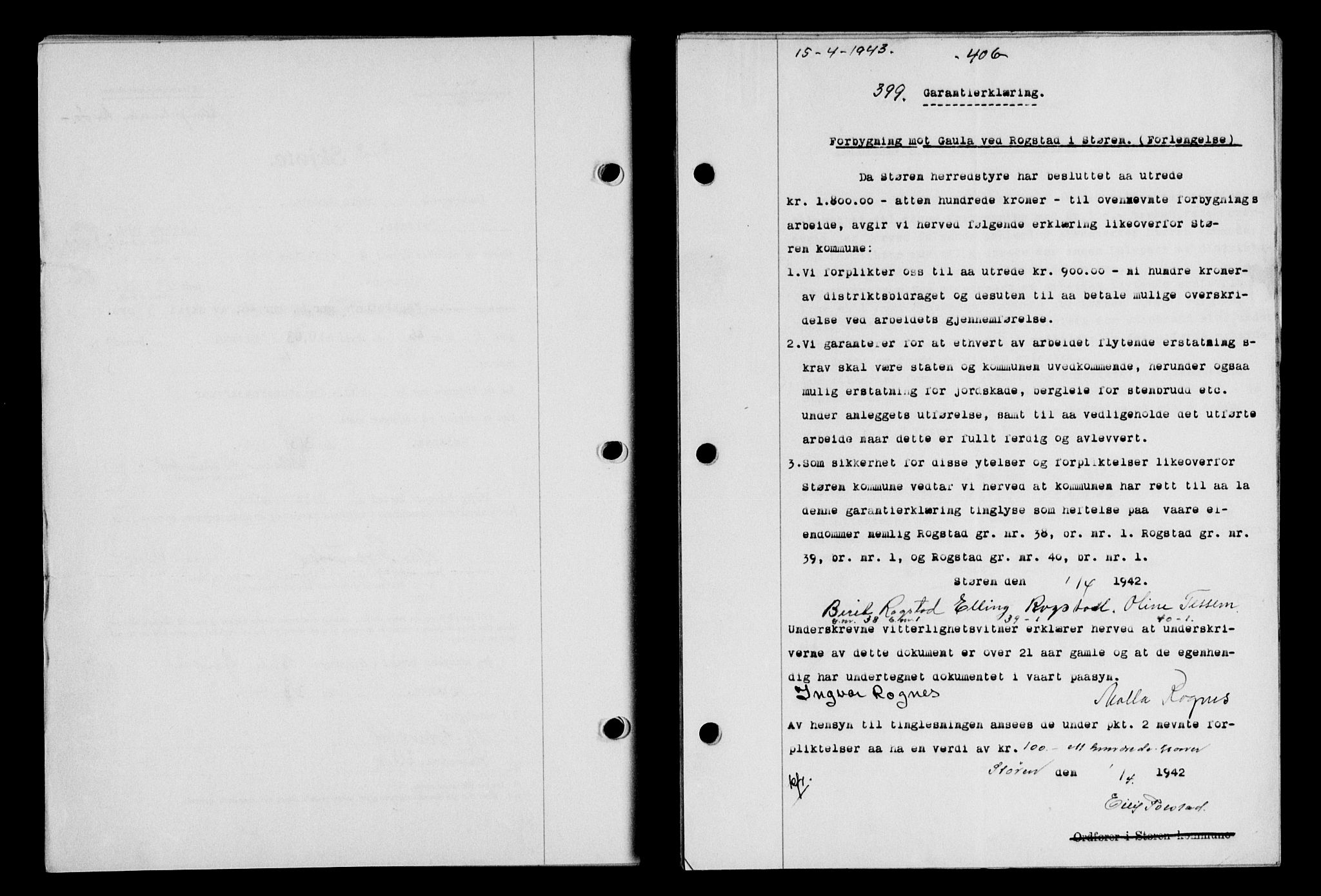 Gauldal sorenskriveri, SAT/A-0014/1/2/2C/L0056: Pantebok nr. 61, 1942-1943, Dagboknr: 399/1943