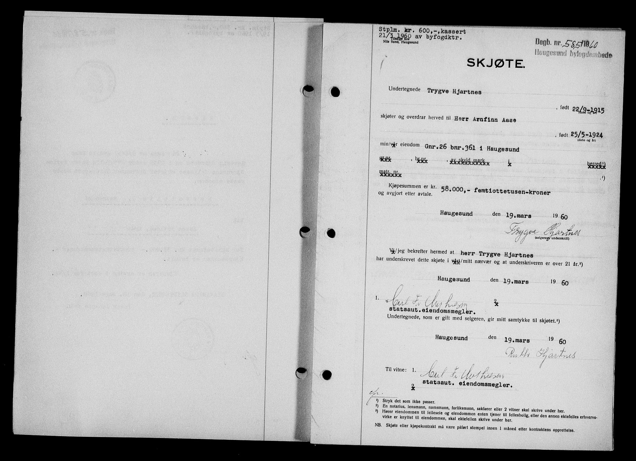 Haugesund tingrett, SAST/A-101415/01/II/IIC/L0070: Pantebok nr. A 11, 1959-1960, Dagboknr: 585/1960
