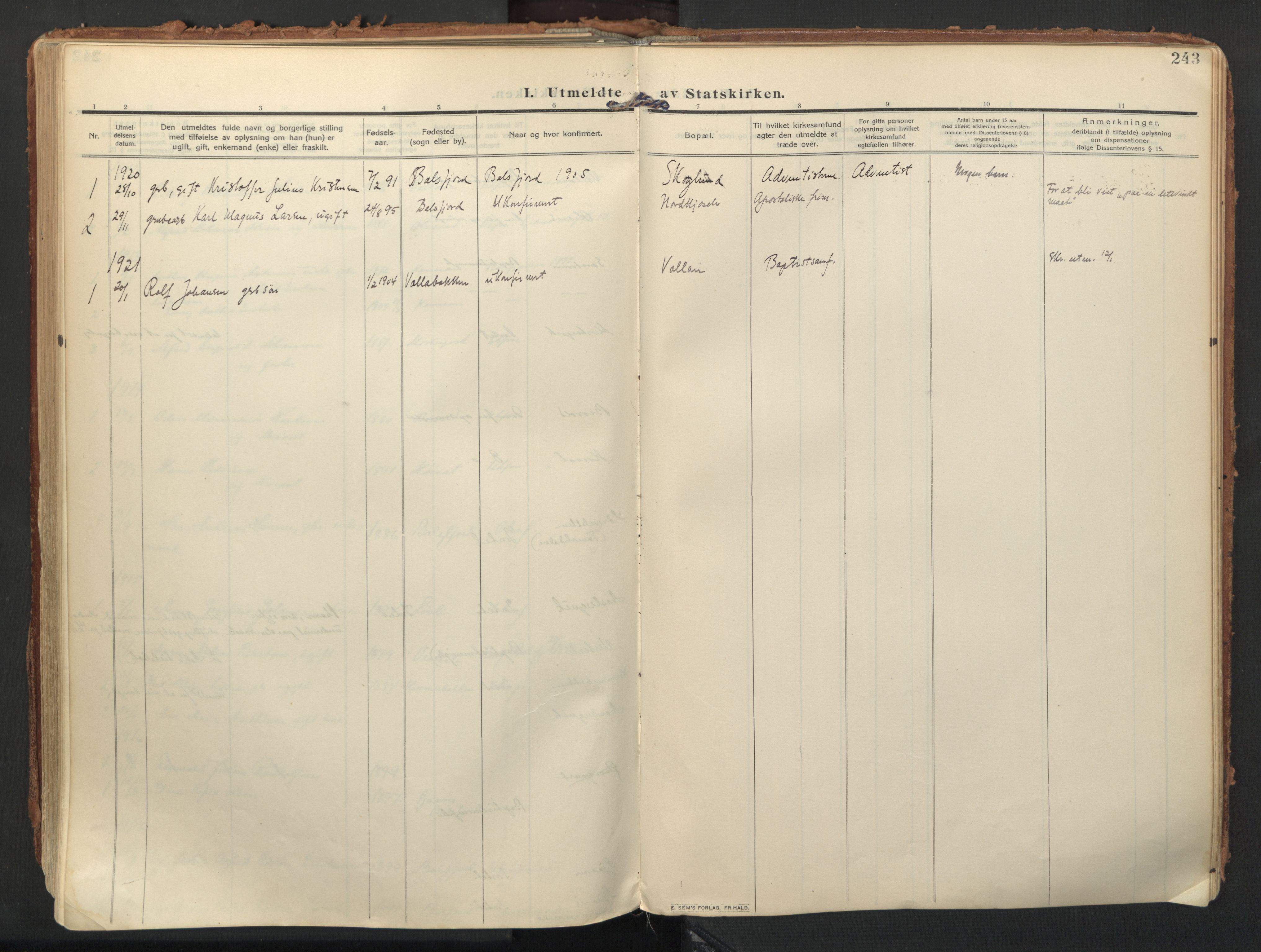 Balsfjord sokneprestembete, AV/SATØ-S-1303/G/Gaa/L0009kirke: Ministerialbok nr. 9, 1909-1921, s. 243