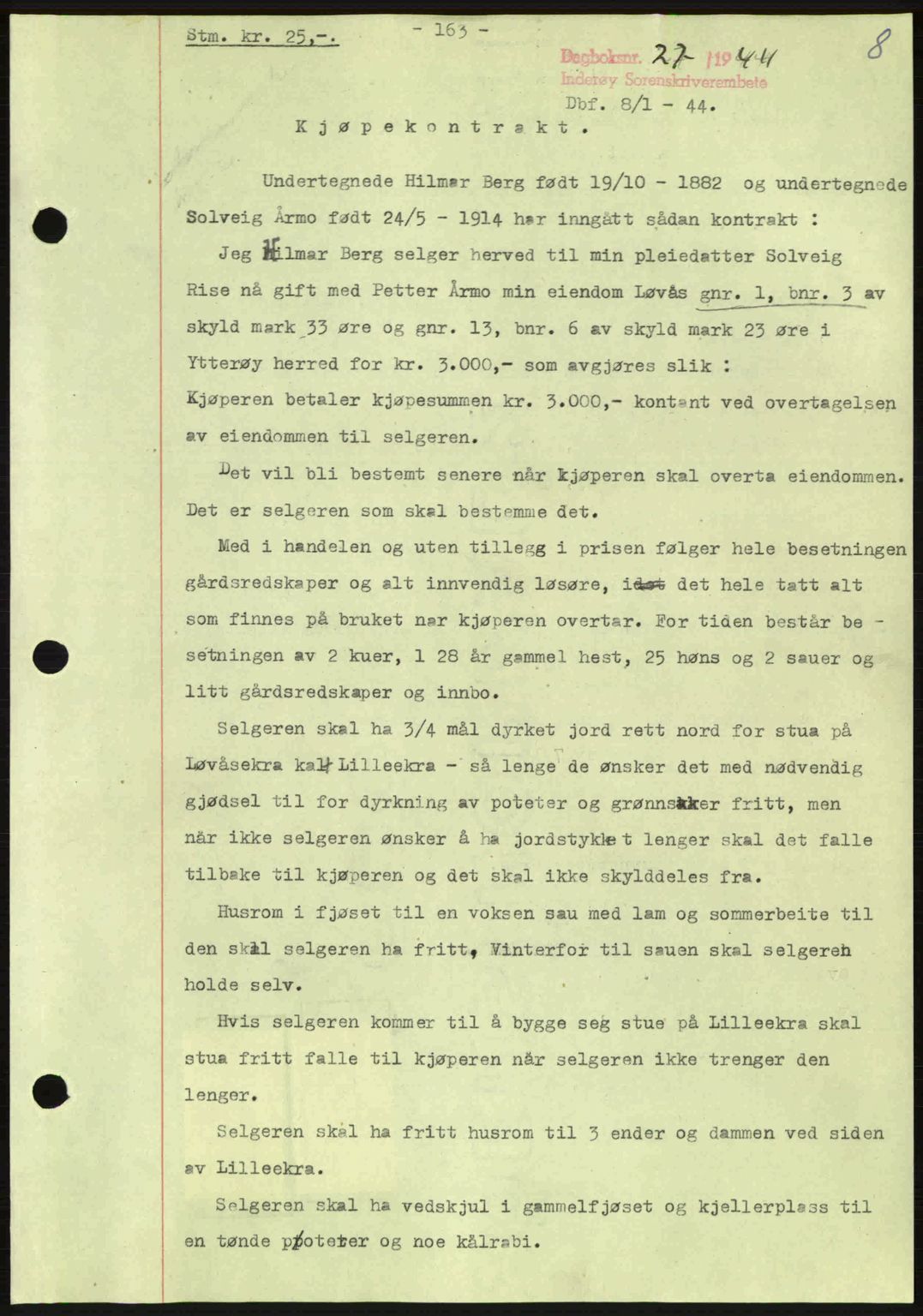 Inderøy sorenskriveri, SAT/A-4147/1/2/2C: Pantebok nr. Y1, 1936-1950, Dagboknr: 27/1944