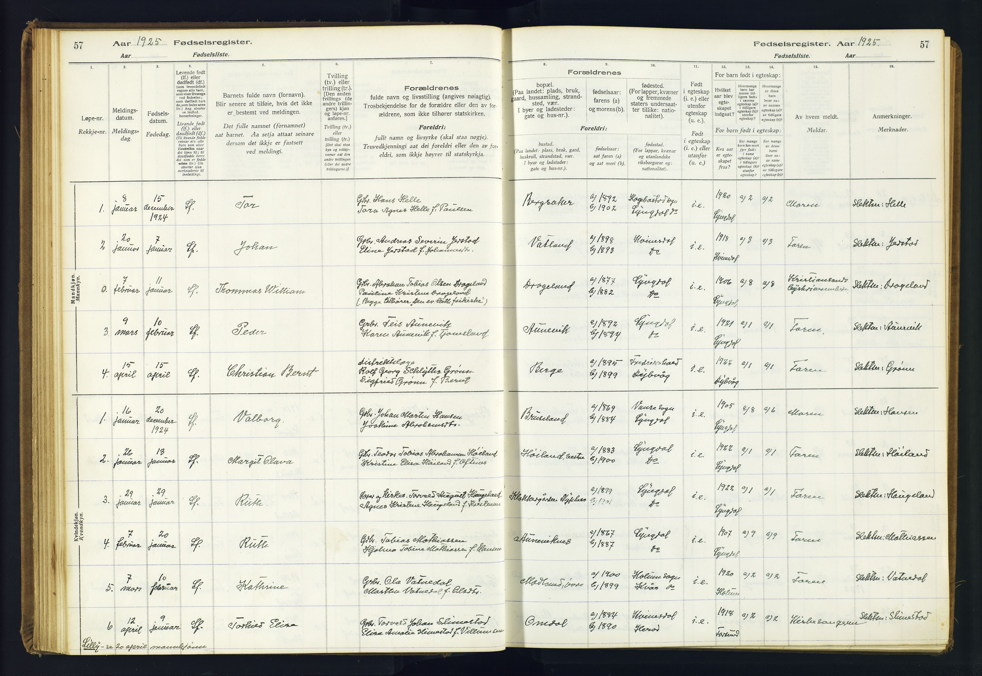 Lyngdal sokneprestkontor, SAK/1111-0029/J/Ja/L0001: Fødselsregister nr. A-VI-26, 1916-1951, s. 57