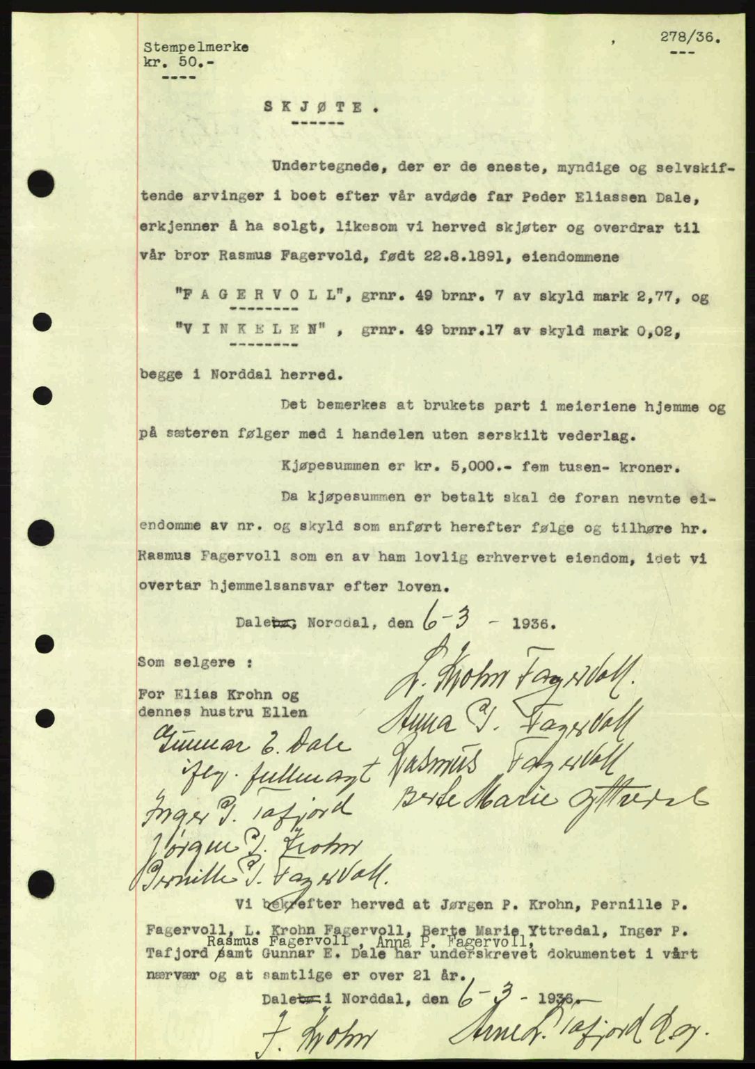 Nordre Sunnmøre sorenskriveri, AV/SAT-A-0006/1/2/2C/2Ca: Pantebok nr. A1, 1936-1936, Dagboknr: 278/1936