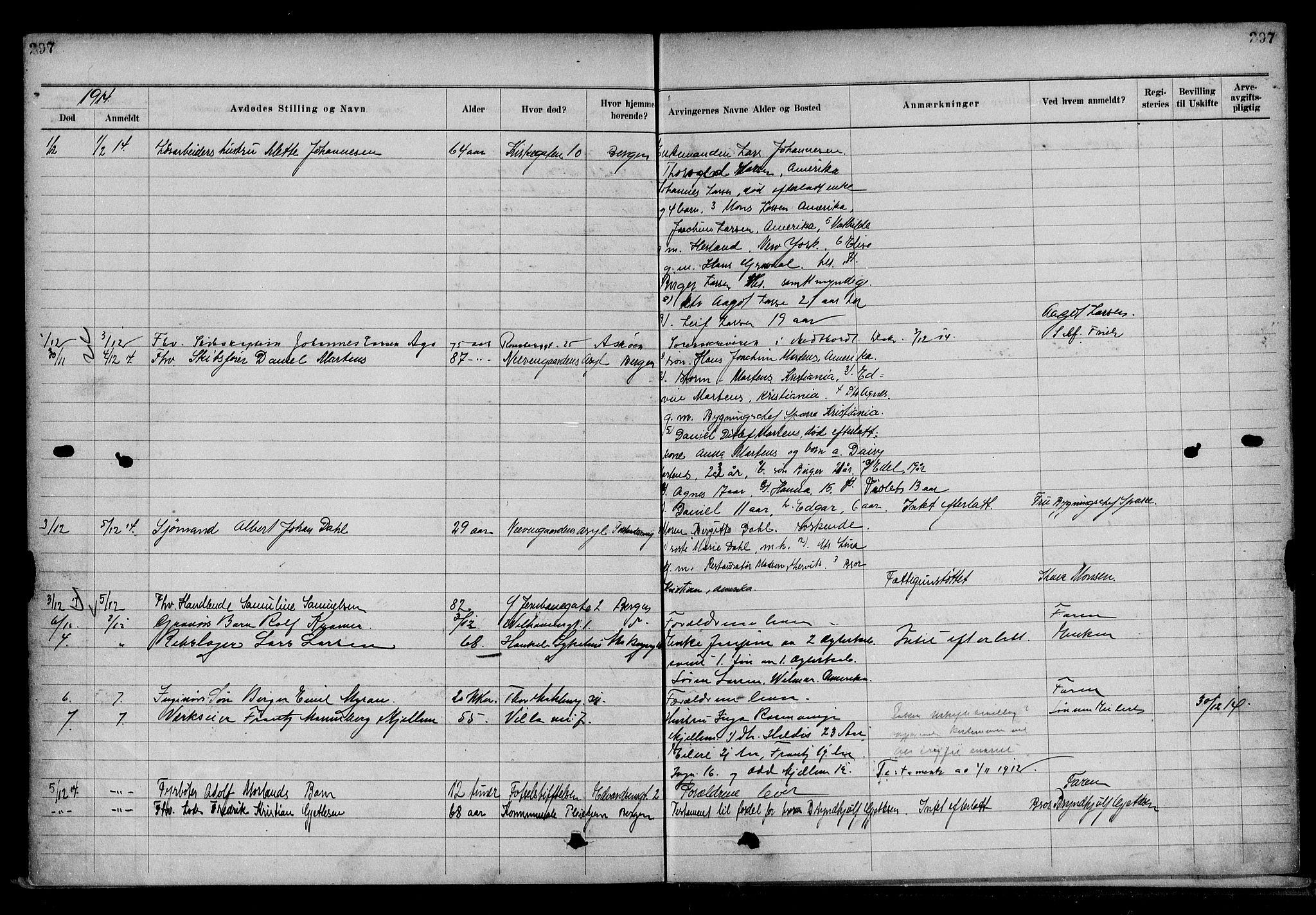 Byfogd og Byskriver i Bergen, AV/SAB-A-3401/06/06Na/L0009: Dødsfallsjournaler, 1910-1915, s. 297