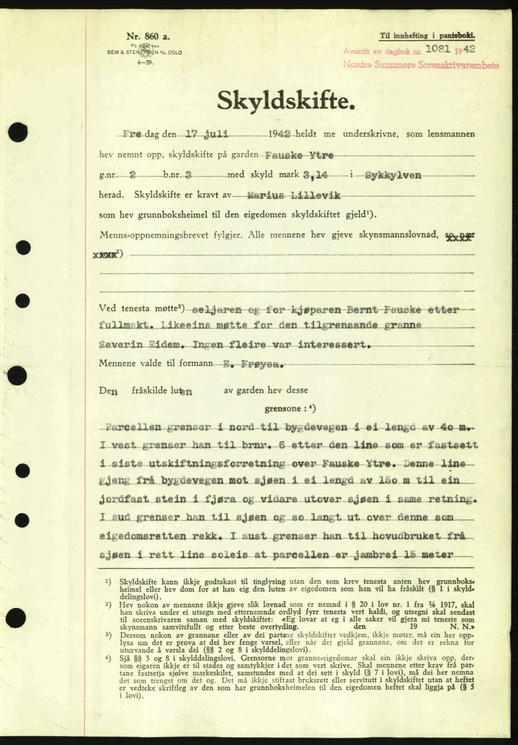 Nordre Sunnmøre sorenskriveri, SAT/A-0006/1/2/2C/2Ca: Pantebok nr. A14, 1942-1942, Dagboknr: 1081/1942