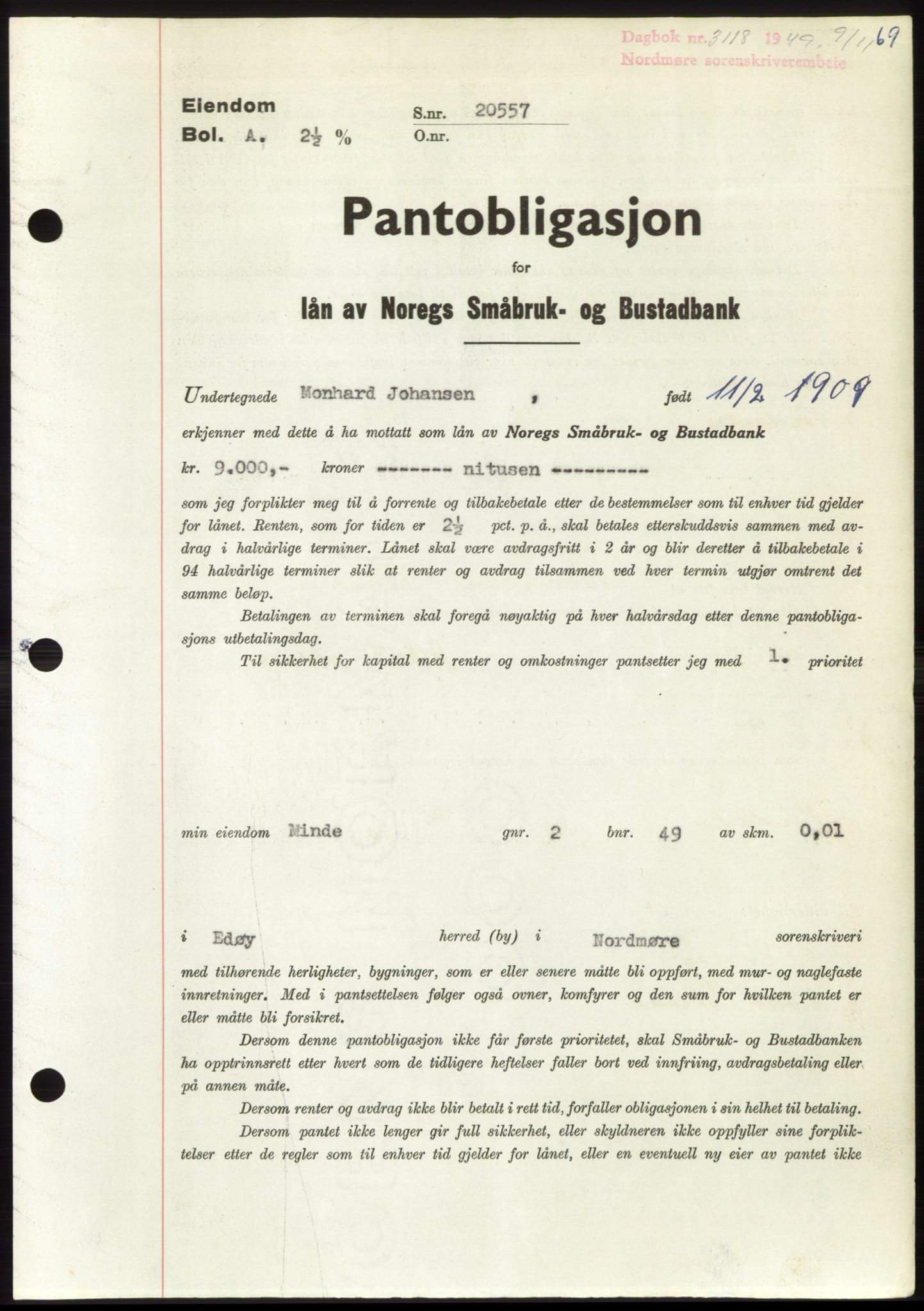 Nordmøre sorenskriveri, AV/SAT-A-4132/1/2/2Ca: Pantebok nr. B103, 1949-1950, Dagboknr: 3118/1949